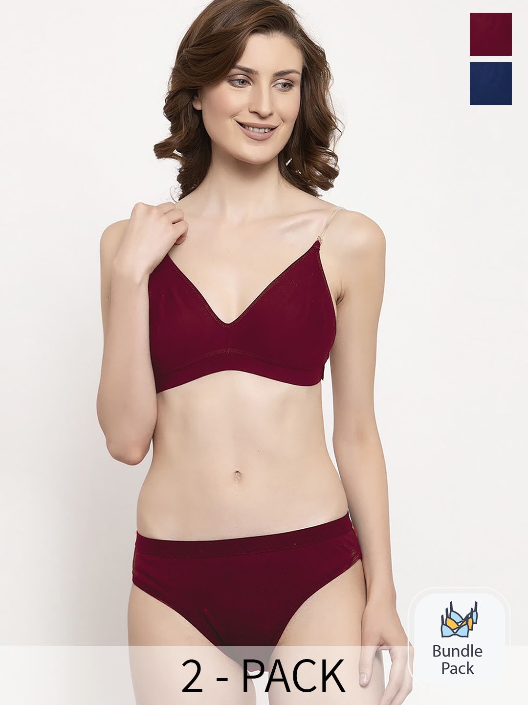 

PIBU Pack of 2 Cotton Non-Padded Lingerie Set F_Tpsi Set_Maroon,Blue_30