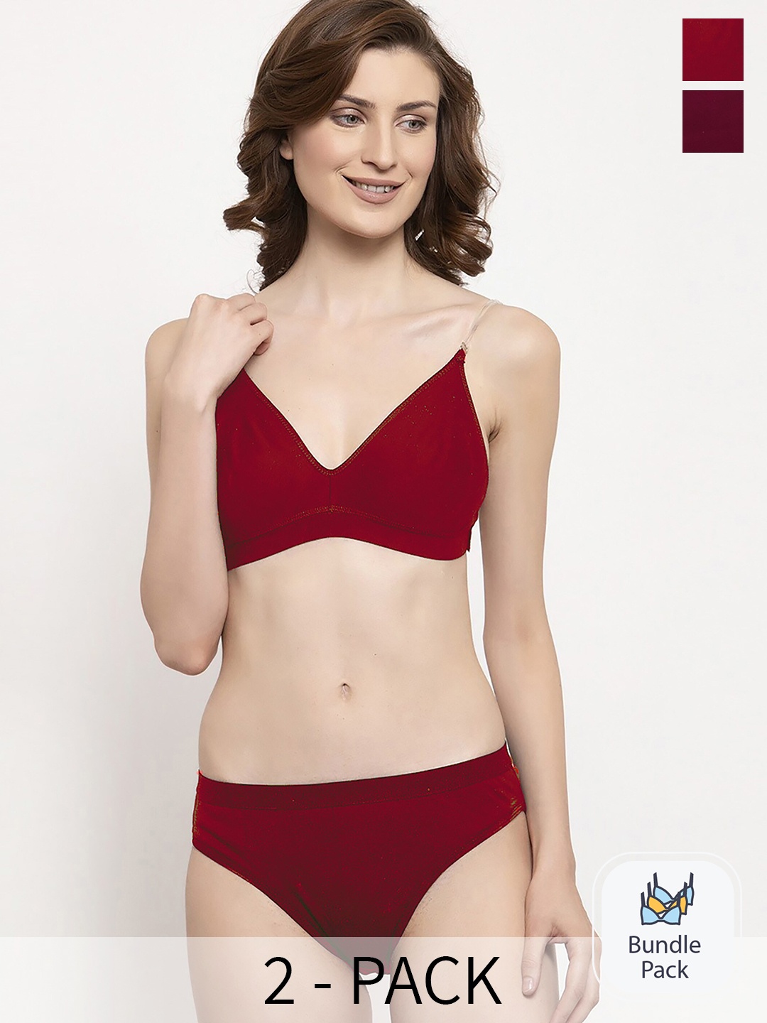 

PIBU Pack of 2 Cotton Bra Panty Set for Lingerie Set, Maroon