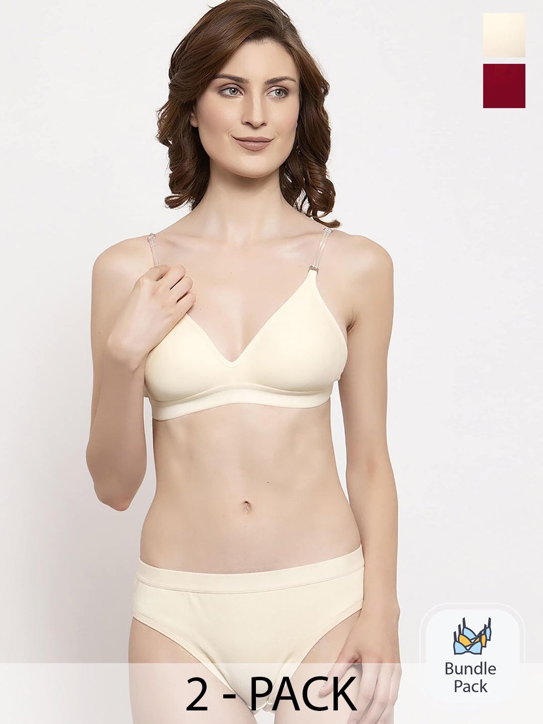 

PIBU Pack of 2 Non-Padded Lingerie Set F_Tpsi Set_Red,Brown_30, Beige