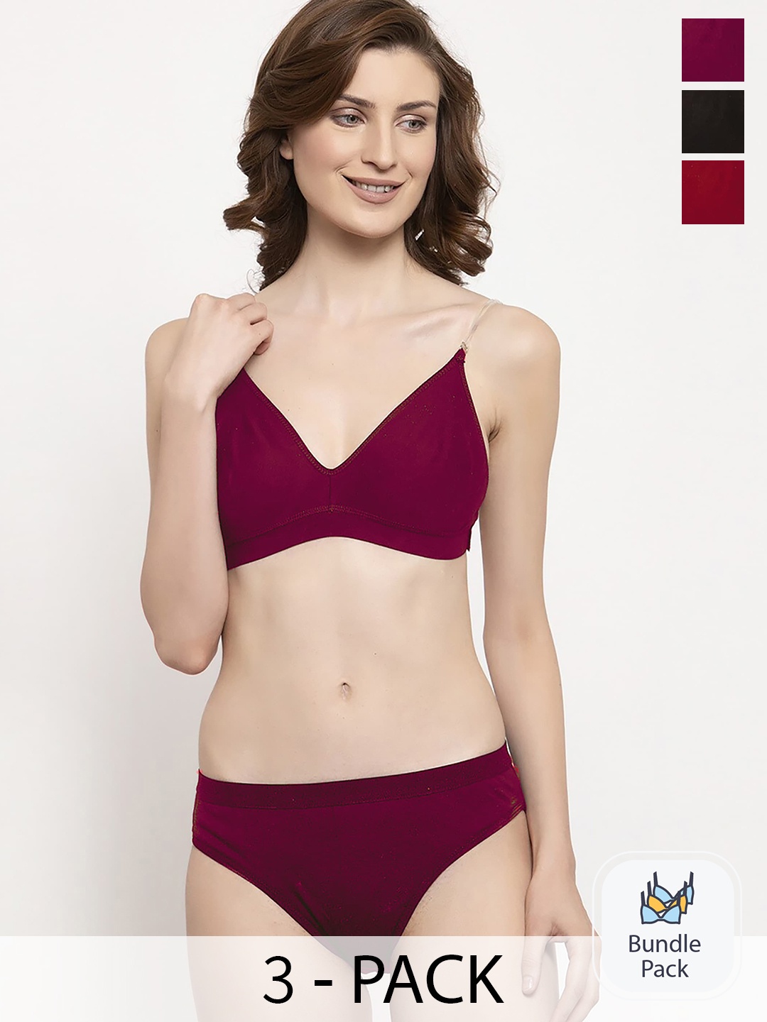 

PIBU Pack Of 3 Cotton Lingerie Sets, Red