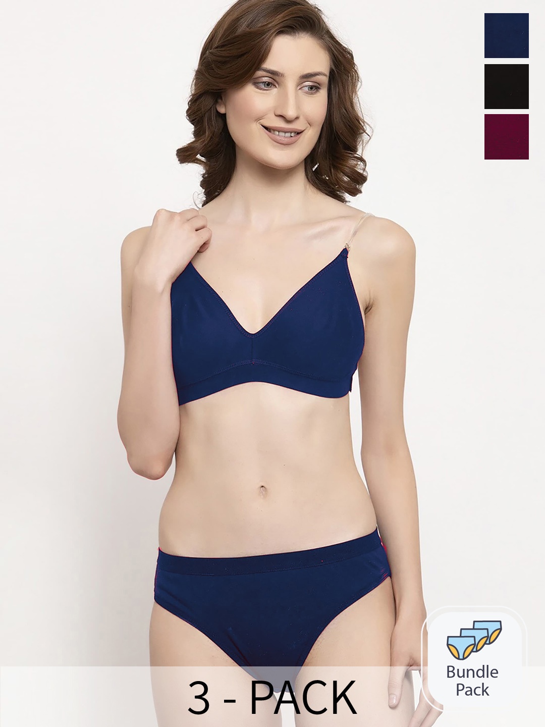 

PIBU Pack of 3 Cotton Lingerie Sets, Blue