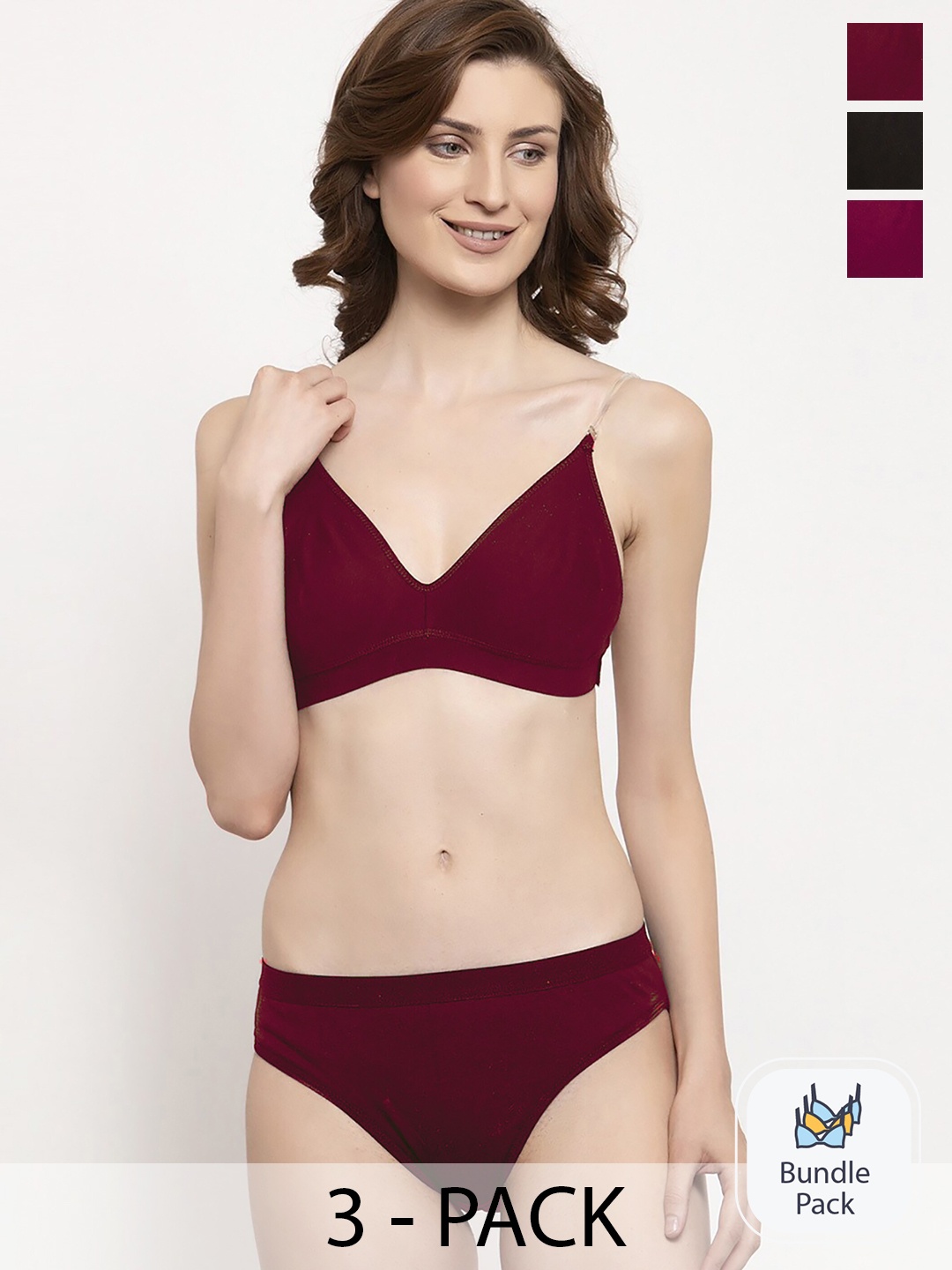 

PIBU Pack Of 3 Cotton Lingerie Set, Maroon