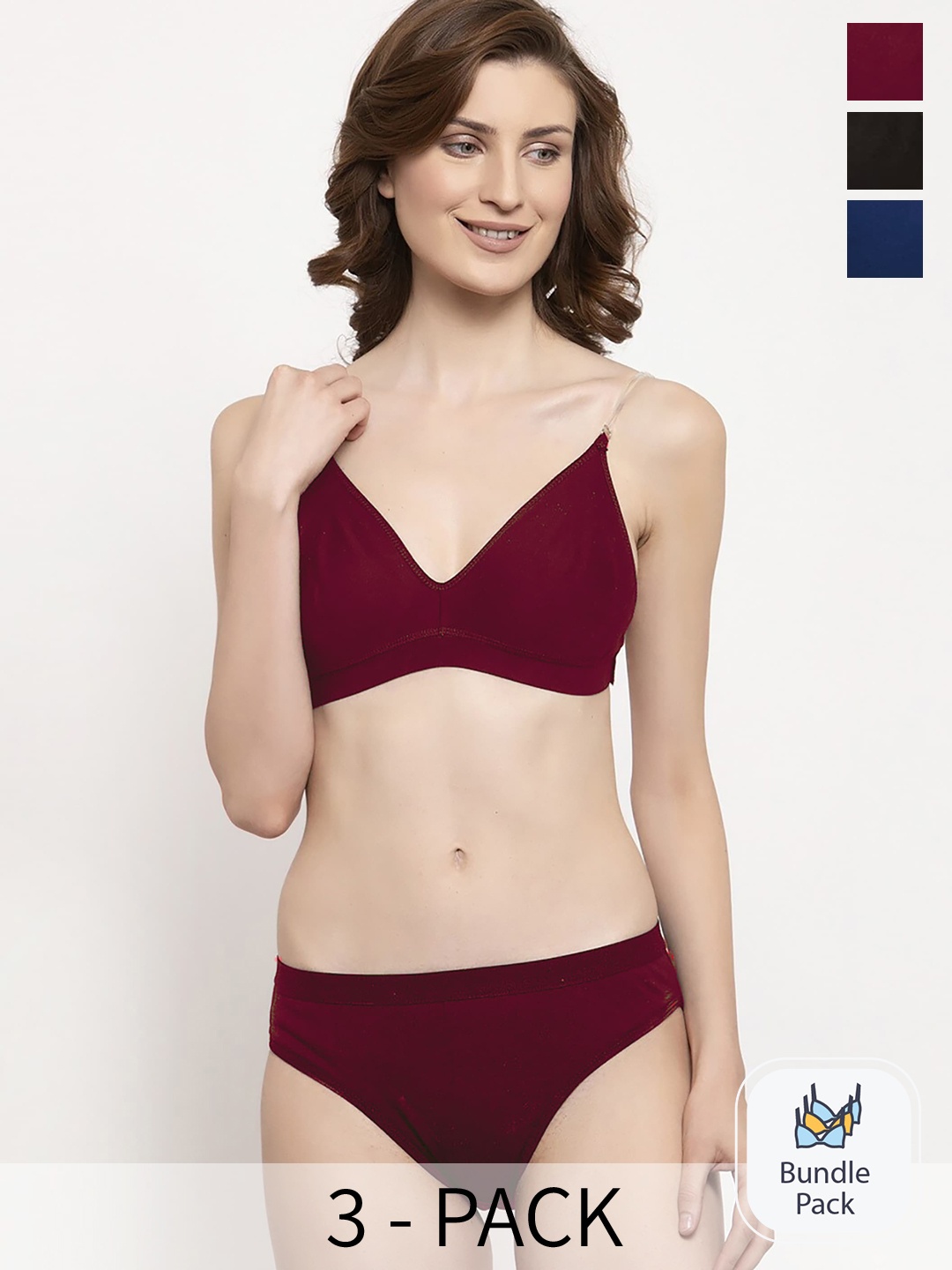 

PIBU Pack Of 3 Cotton Lingerie Set F_Tpsi Set_Maroon,Black,Blue_30