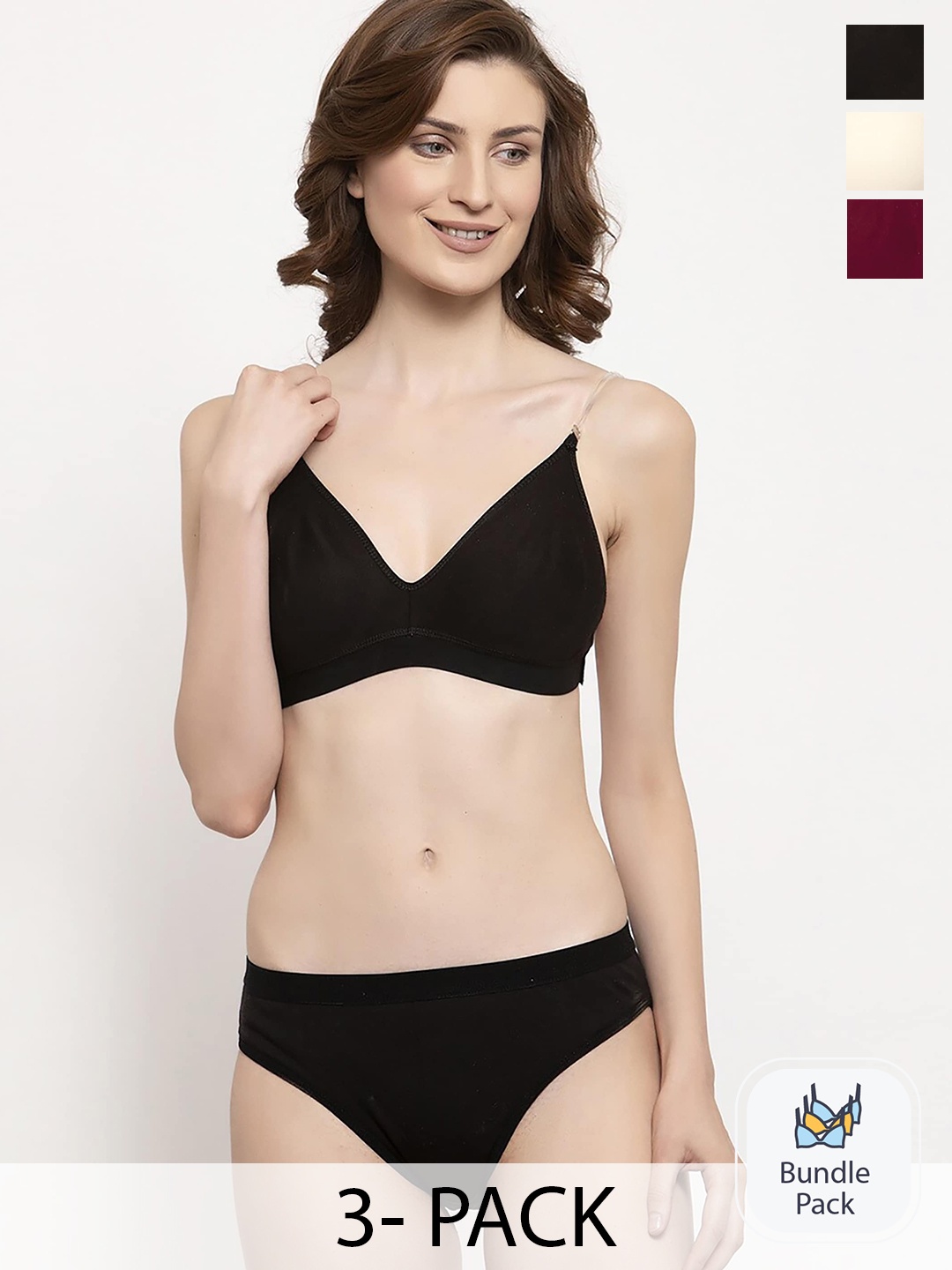 

PIBU Pack of 3 Cotton Non-Padded Lingerie Set F_Tpsi Set_Maroon,Black,Brown_30