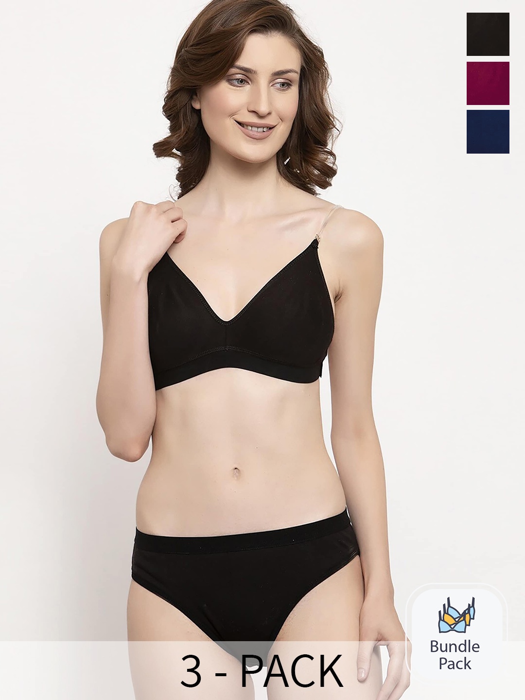 

Aamarsh Pack Of 3 Cotton Lingerie Set, Black