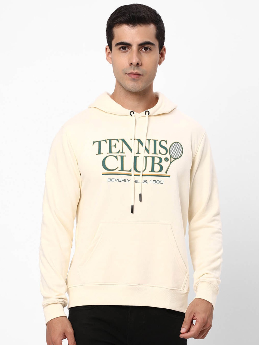 

R&B Typography Printed Hooded Cotton Sweatshirt, Cream