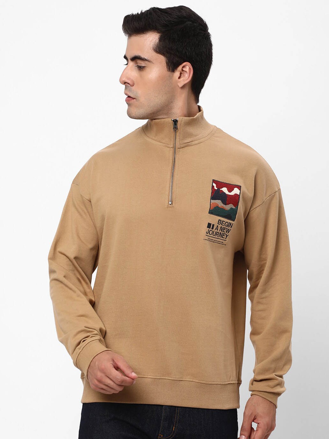 

R&B Mock Collar Cototn Sweatshirt, Beige