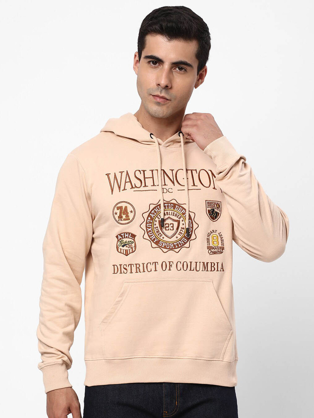 

R&B Typography Printed Hooded Cotton Sweatshirt, Beige