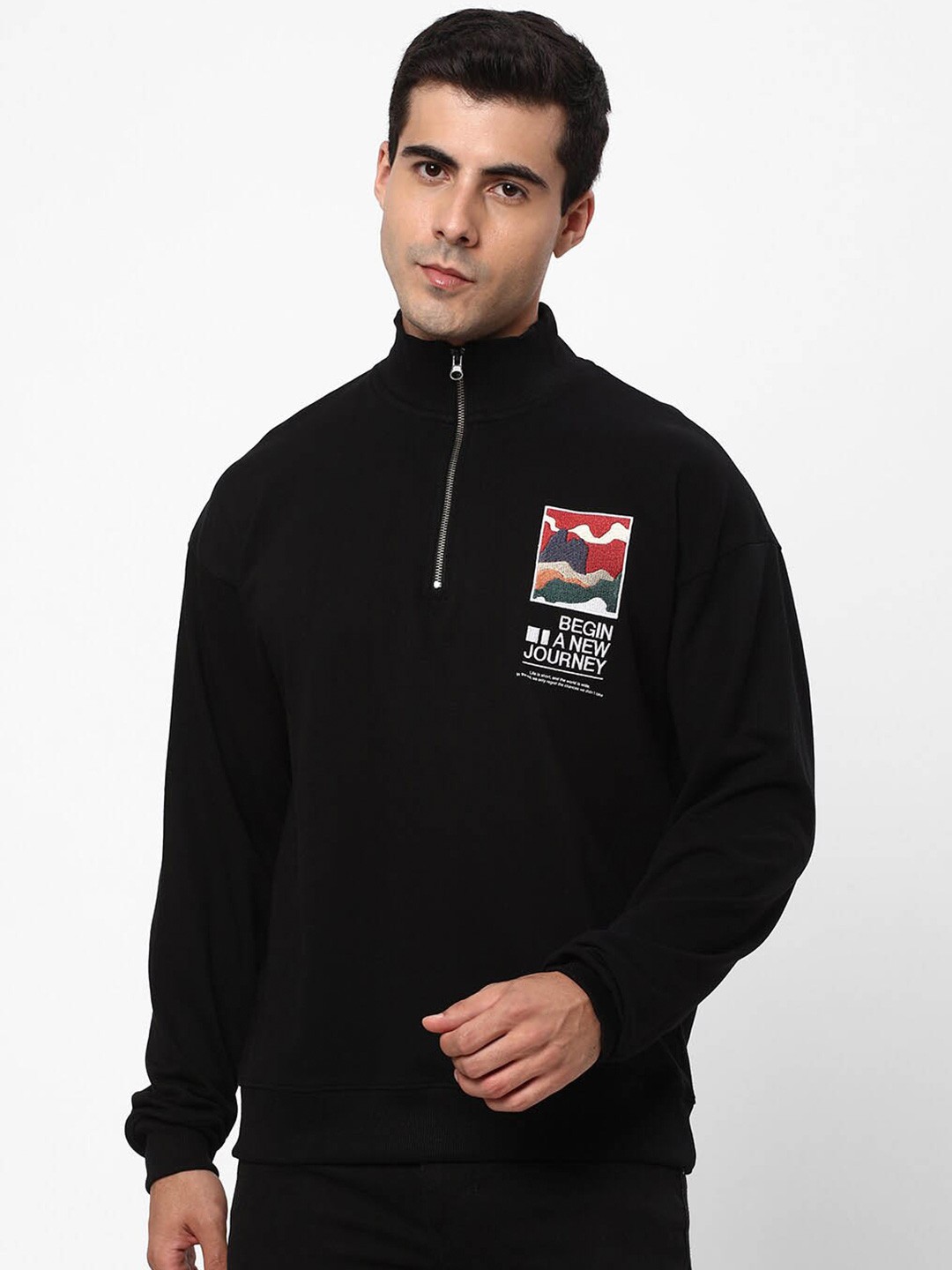 

R&B Mock Collar Cotton Sweatshirt, Black
