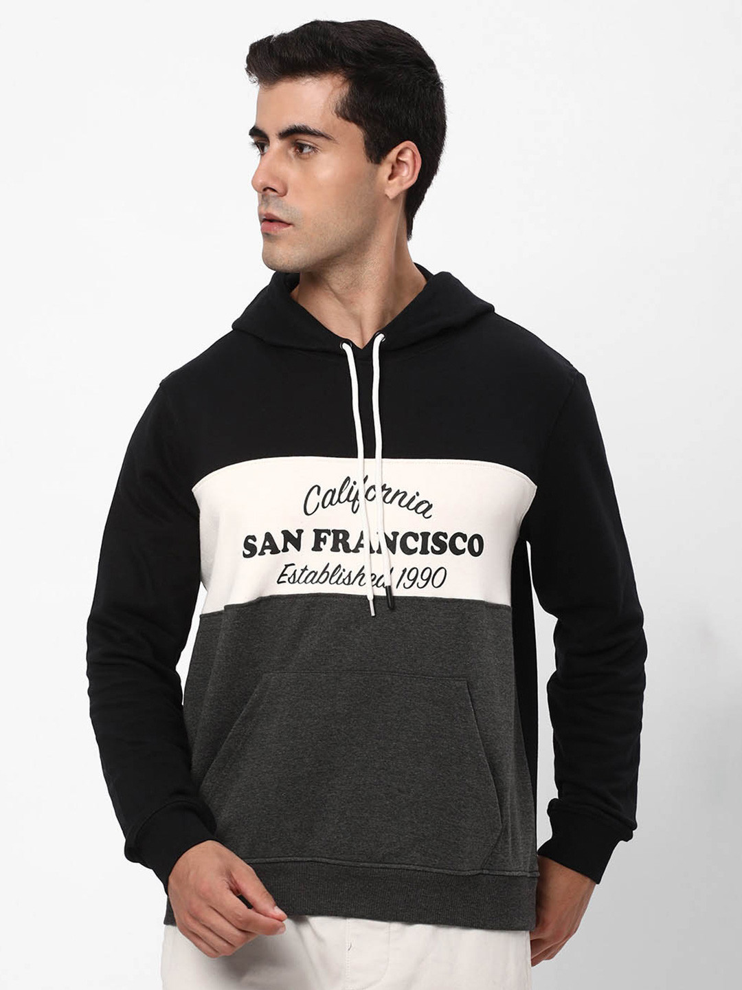 

R&B Colourblocked Hooded Cotton Sweatshirt, Black