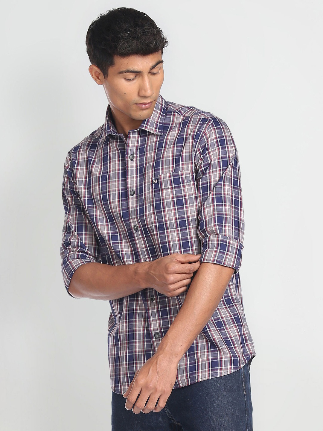

Arrow Sport Pure Cotton Manhattan Slim Fit Opaque Checked Casual Shirt, Blue
