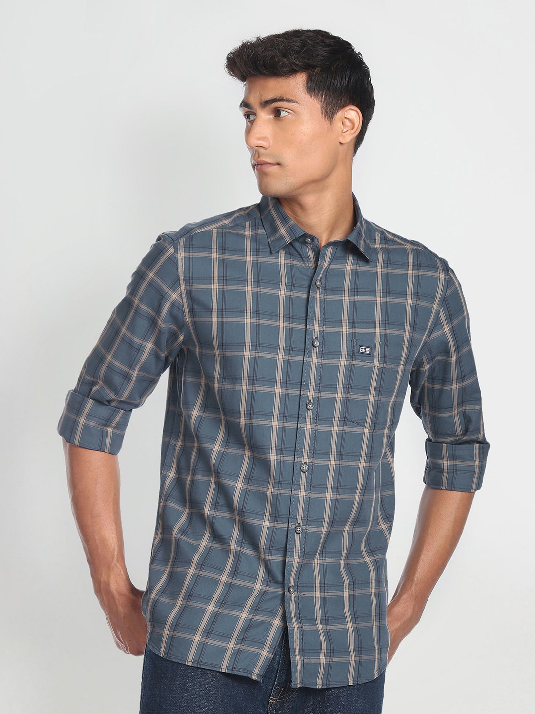 

Arrow Sport Pure Cotton Slim Fit Checked Casual Shirt, Blue
