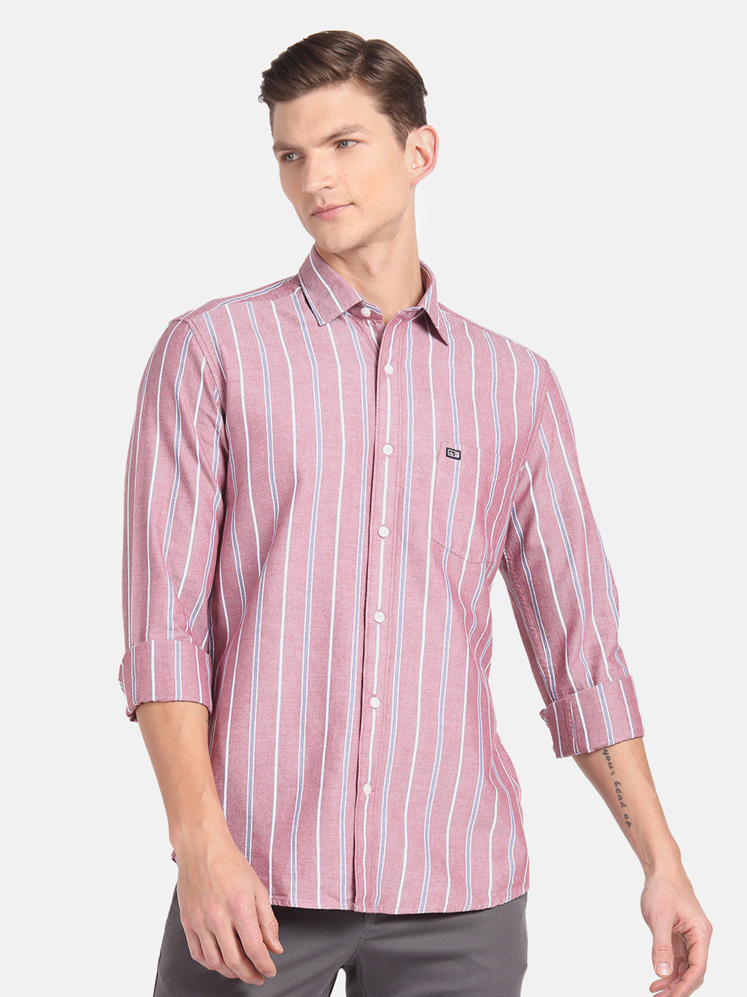 

Arrow Sport Men Manhattan Slim Fit Vertical Stripes Opaque Pure Cotton Casual Shirt, Pink