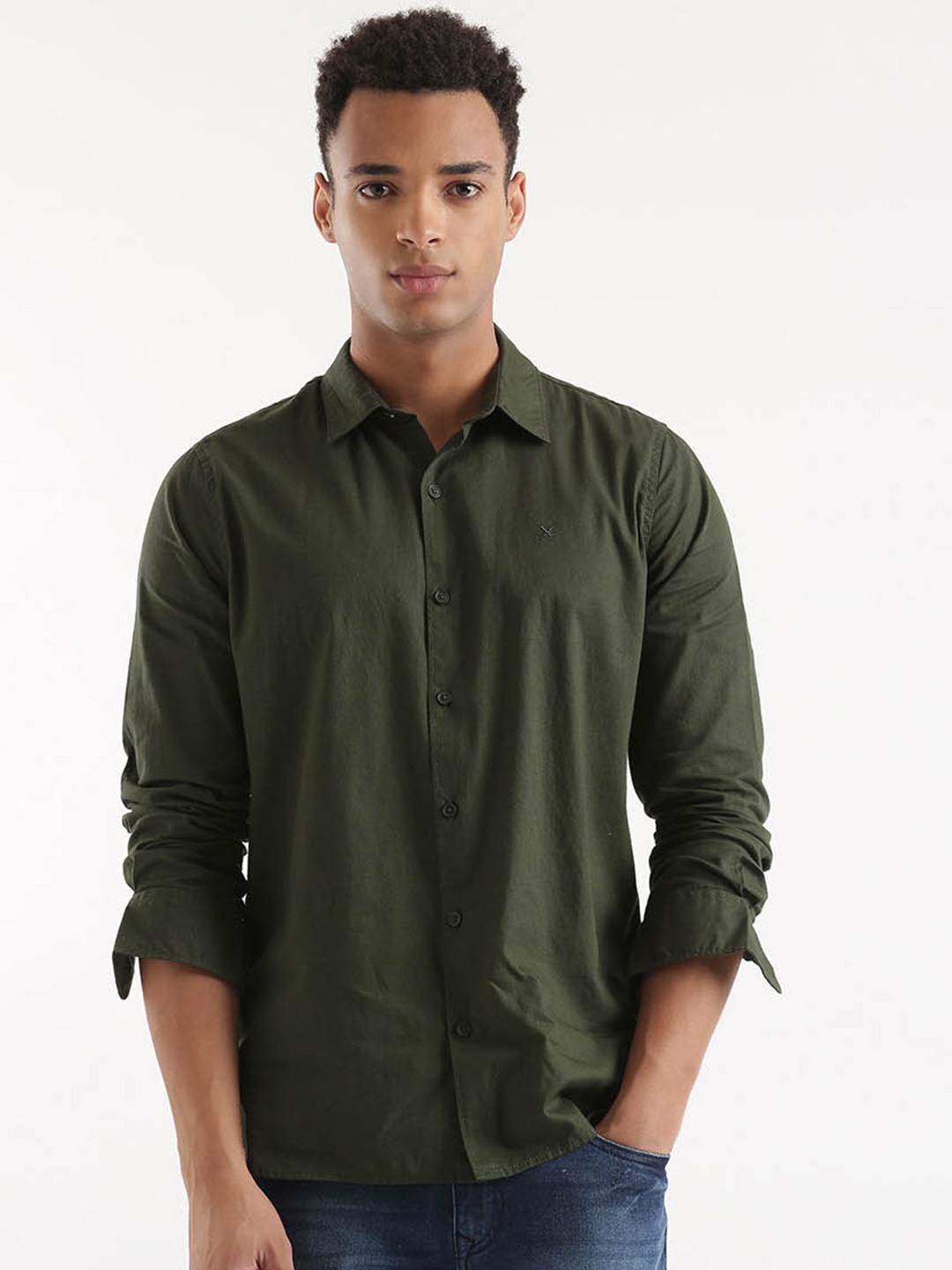 

WROGN Green Custom Slim Fit Cotton Casual Shirt, Olive