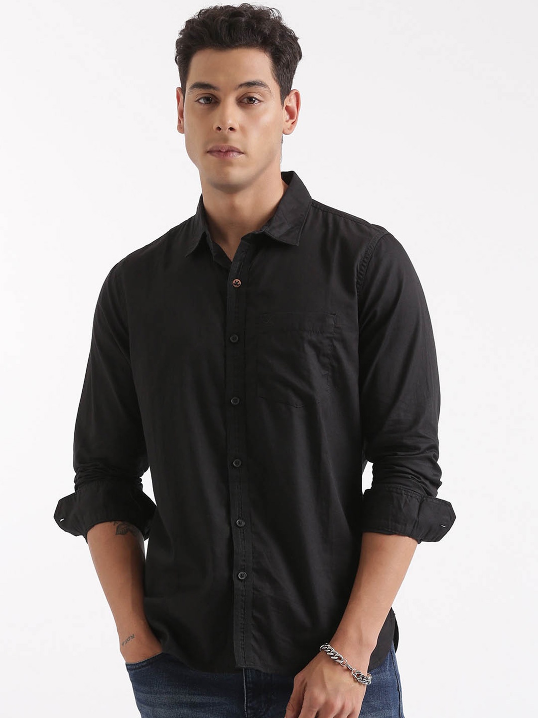 

WROGN Custom Slim Fit Cotton Casual Shirt, Black