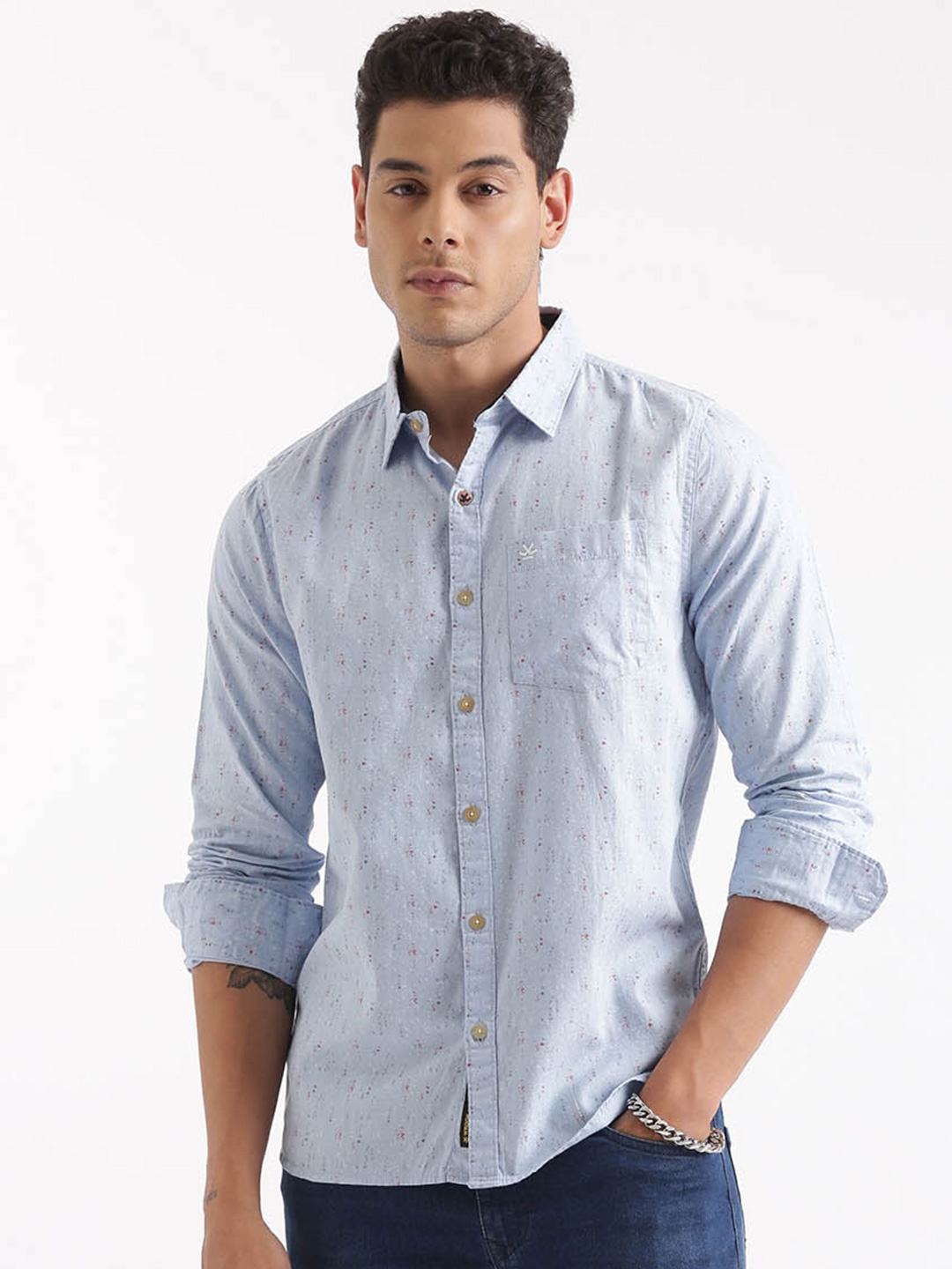 

WROGN Custom Slim Fit Micro Ditsy Printed Cotton Casual Shirt, Blue