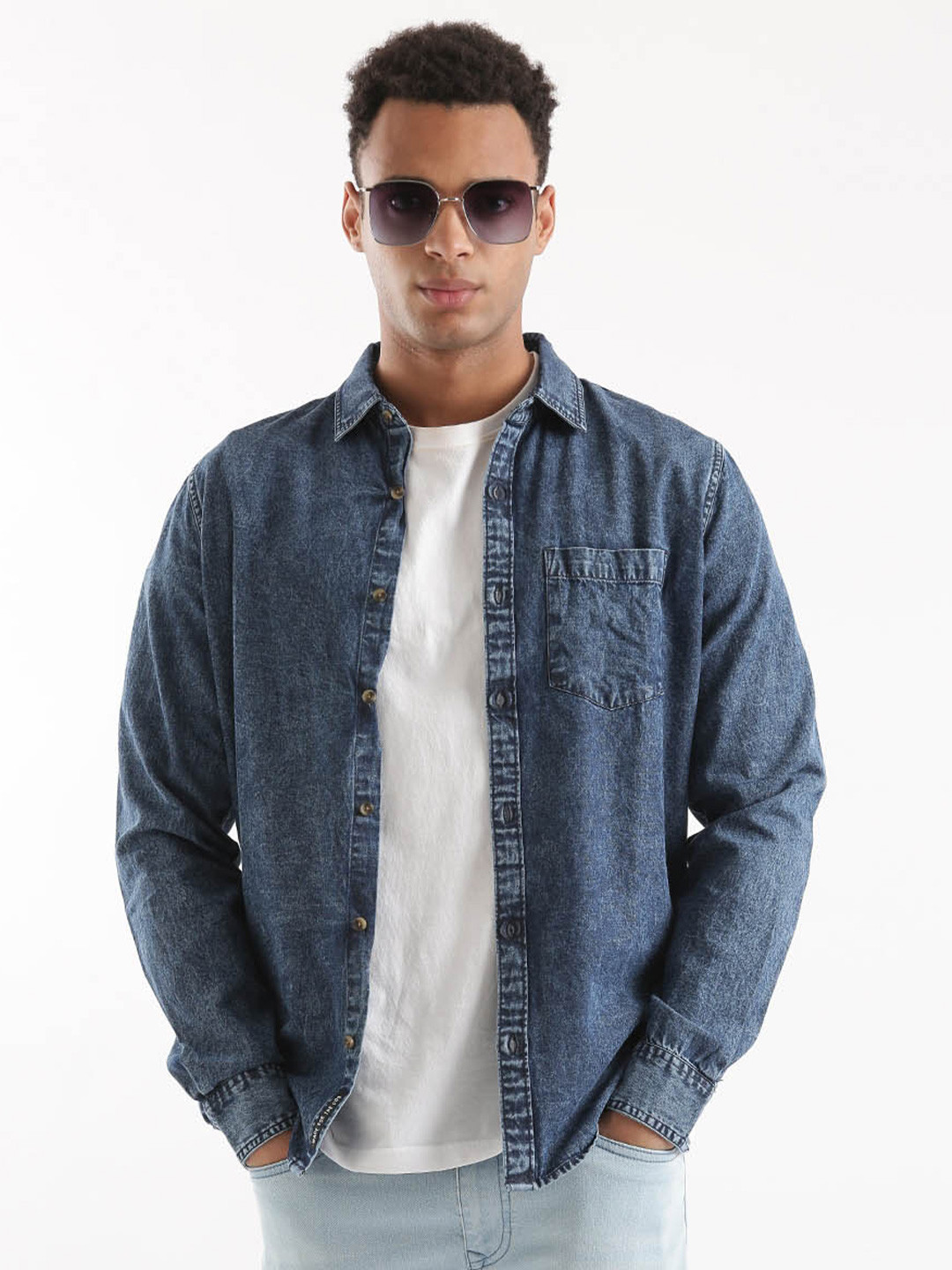 

WROGN Custom Slim Fit Faded Cotton Casual Shirt, Blue