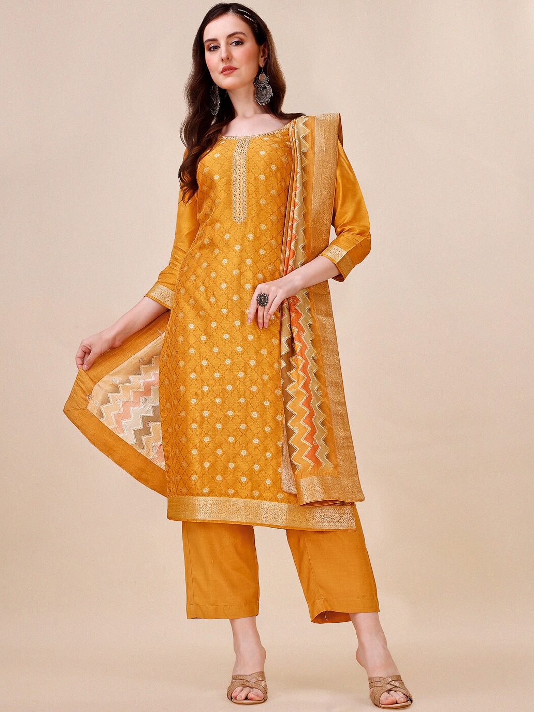 

Seerat Woven Design Jacquard Silk Straight Kurta With Trousers & Bandhani Printed Dupatta, Mustard