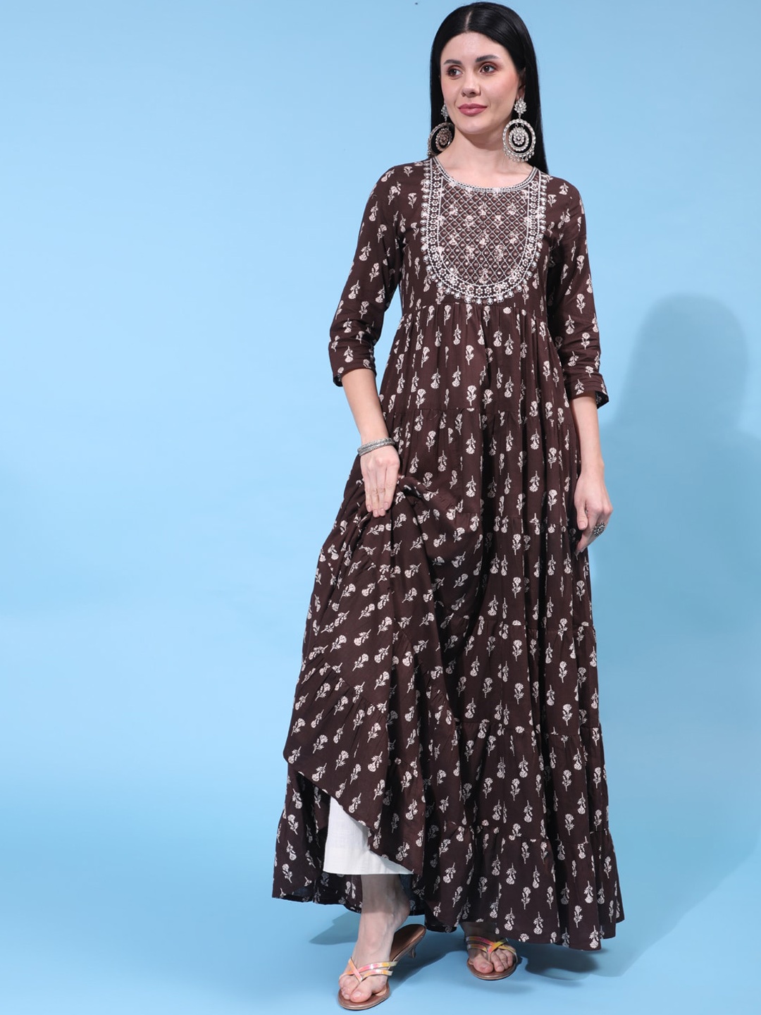 

KIMAYRA Floral Printed Mirror Work Cotton Fit & Flare Ethnic Dress, Brown