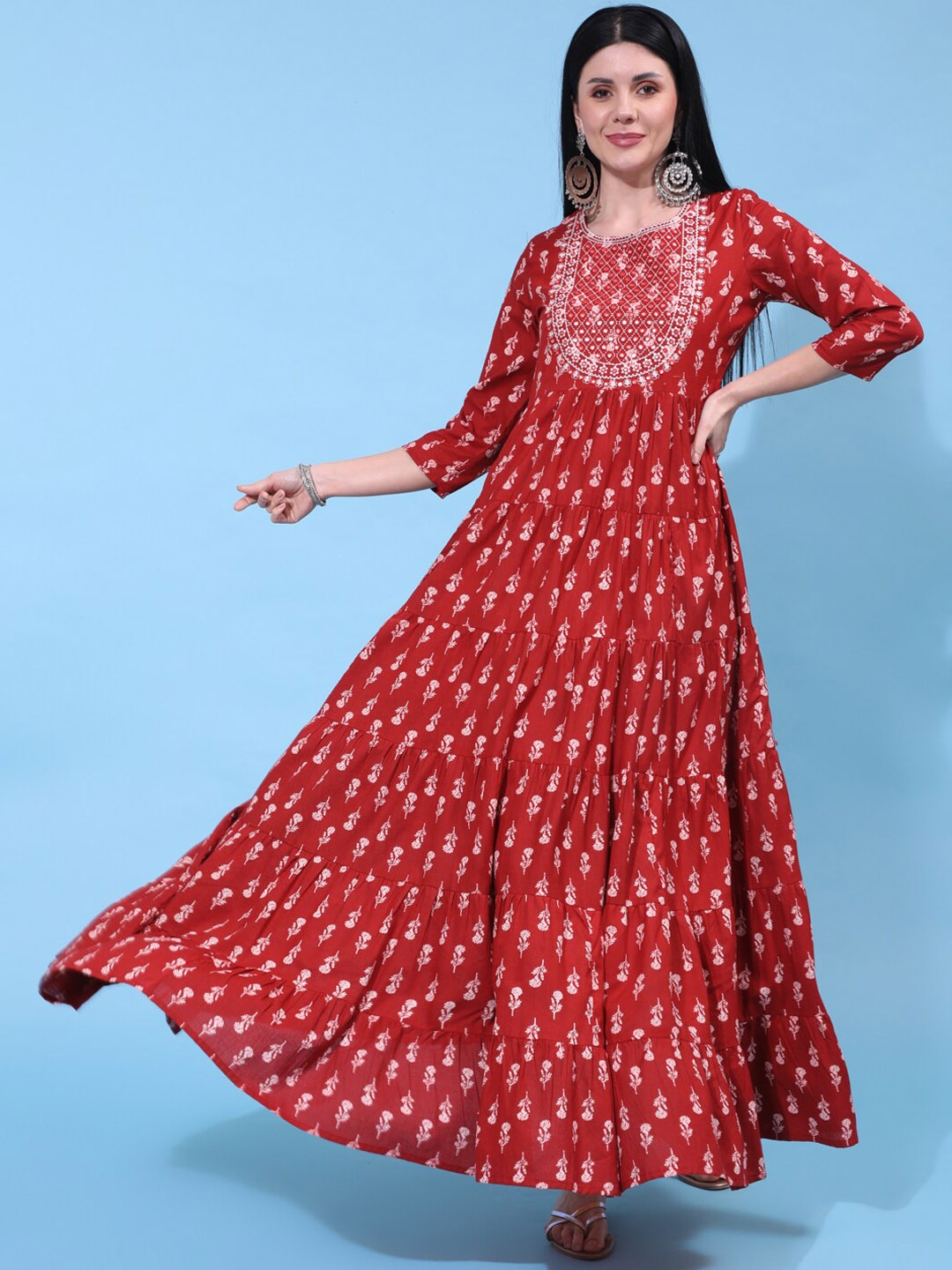 

KIMAYRA Floral Printed Mirror Work Cotton Anarkali Kurta, Red