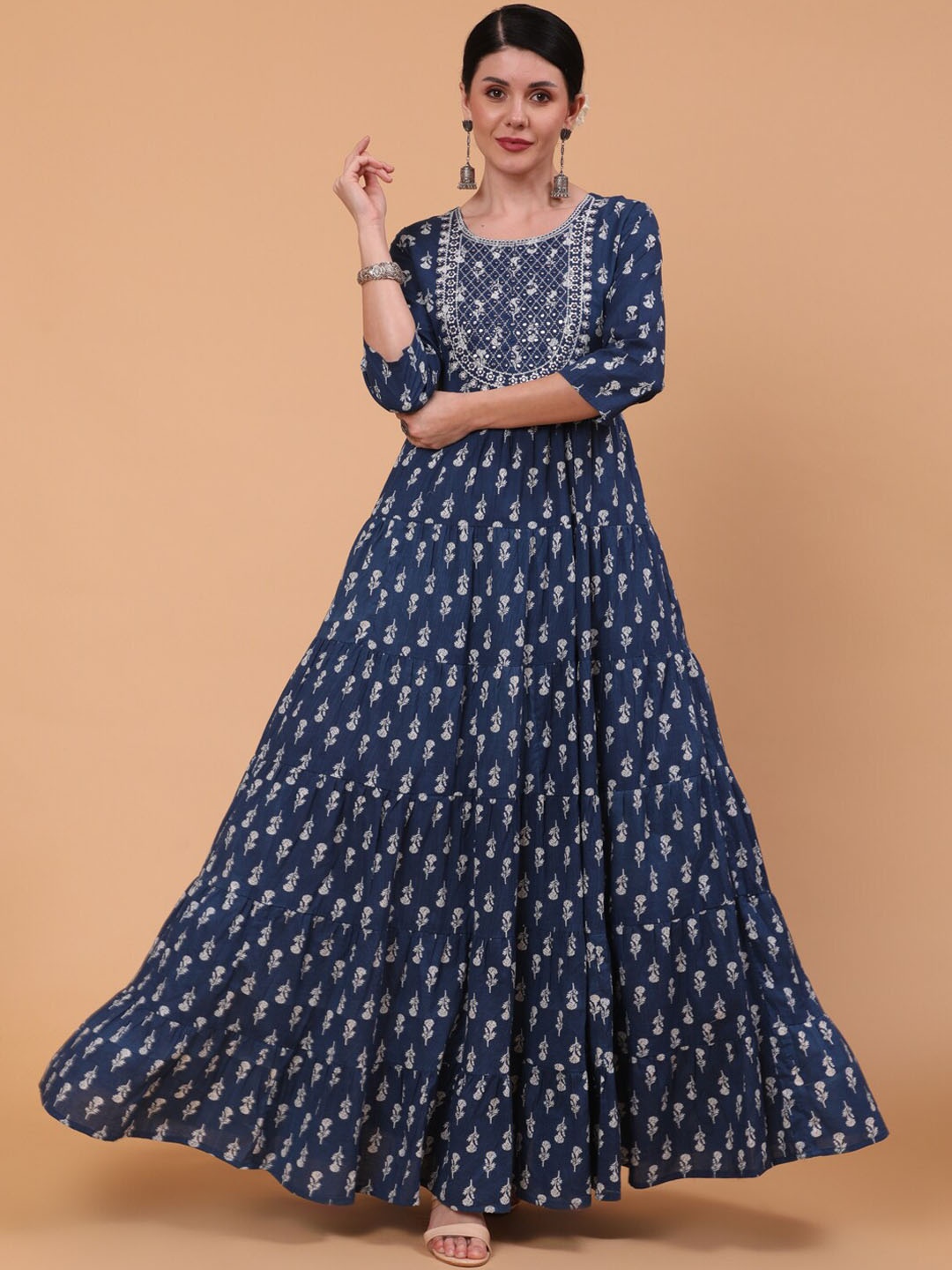 

KIMAYRA Floral Printed Mirror Work Cotton Fit & Flare Ethnic Dress, Blue