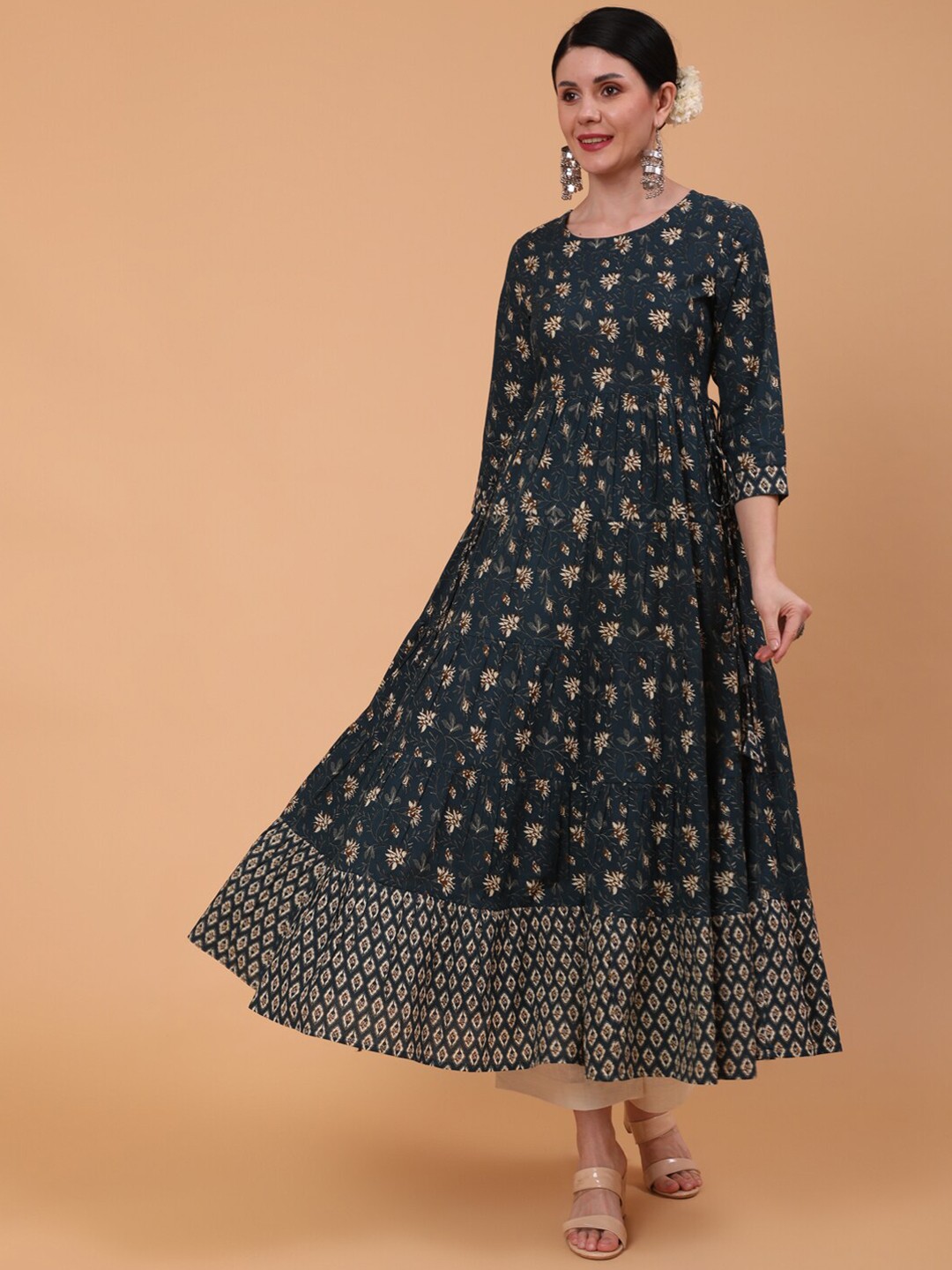 

KIMAYRA Floral Printed Anarkali Cotton Kurta, Teal