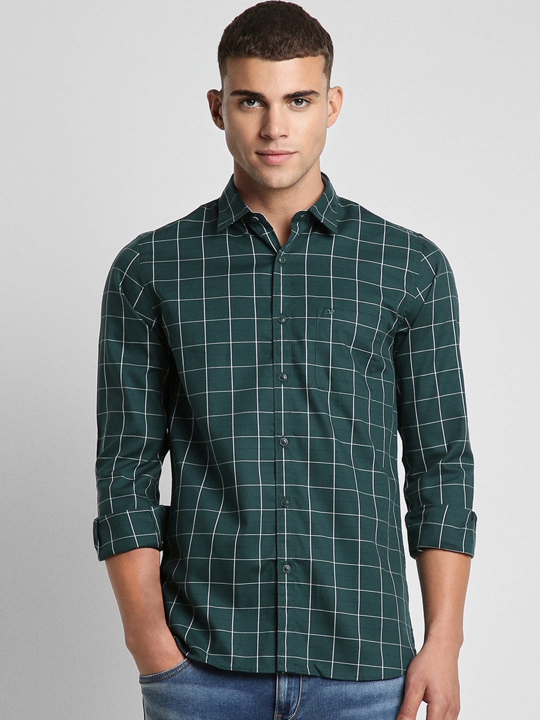 

Peter England Casuals Slim Fit Checked Spread Collar Pure Cotton Casual Shirt, Green