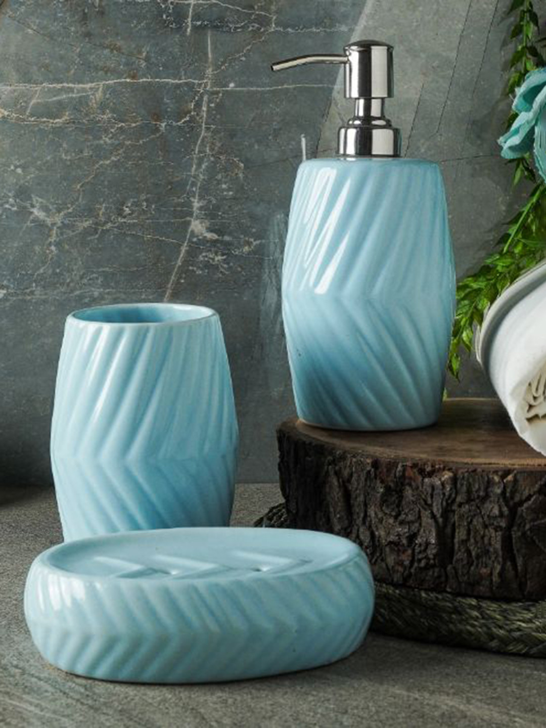 

The Decor Mart Blue Textured Ceramic Bathroom Accessories