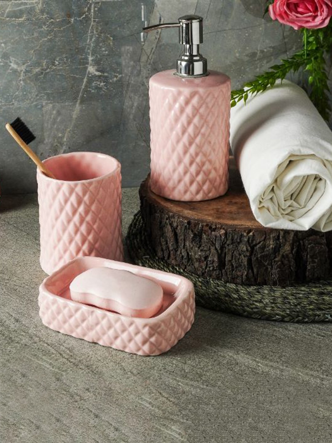 

The Decor Mart Pink 3 Pieces Textured Ceramic Bathroom Accessories Set