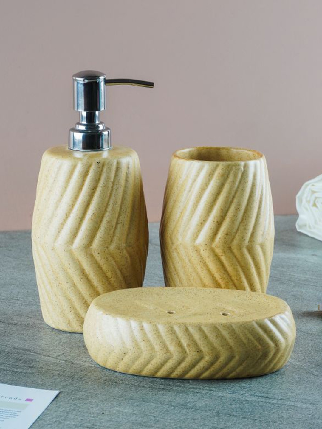 The Decor Mart Yellow 3 Pieces Textured Bathroom Accessories