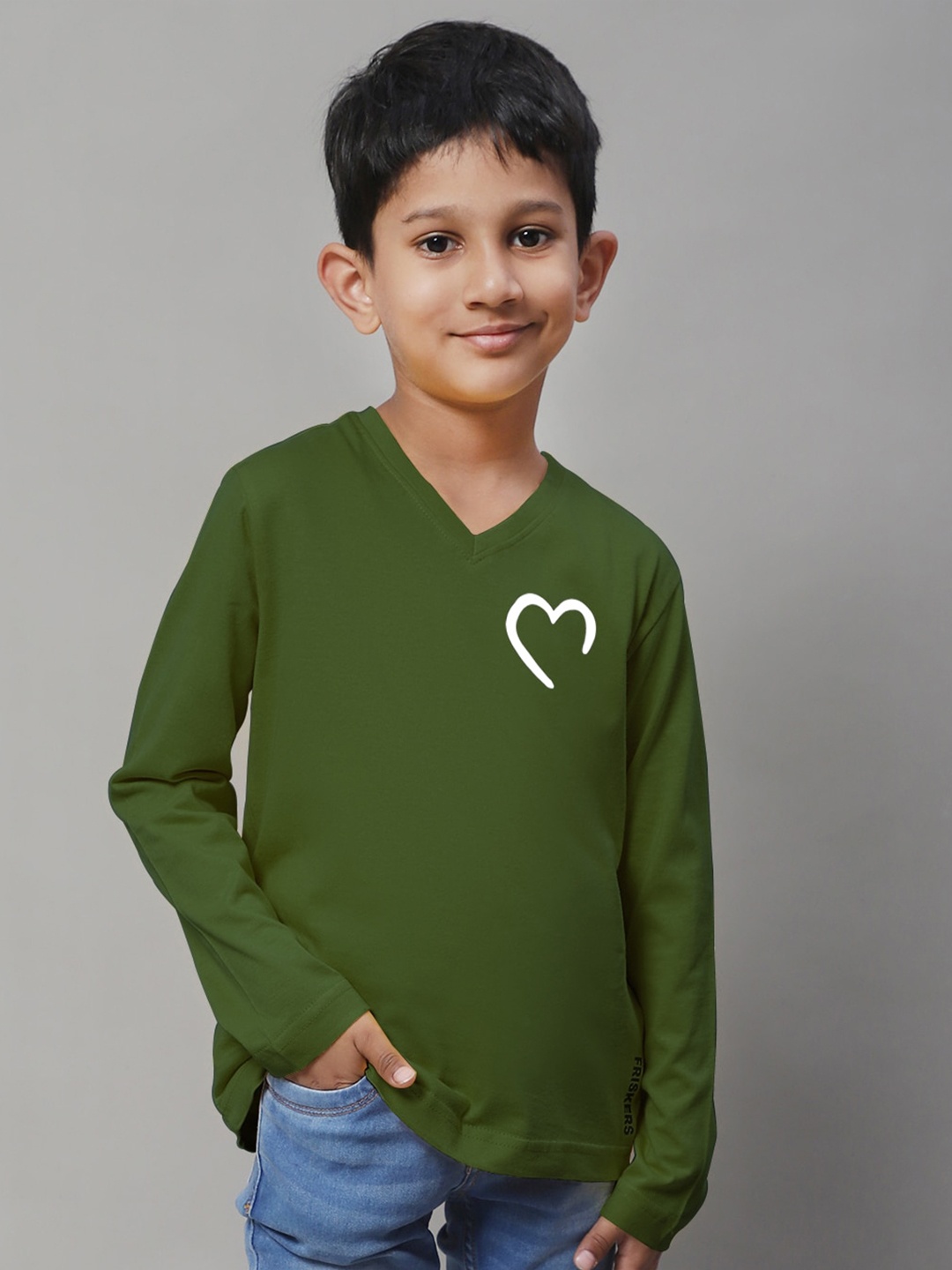 Friskers Boys Graphic Printed V-Neck Cotton T-shirt, Olive