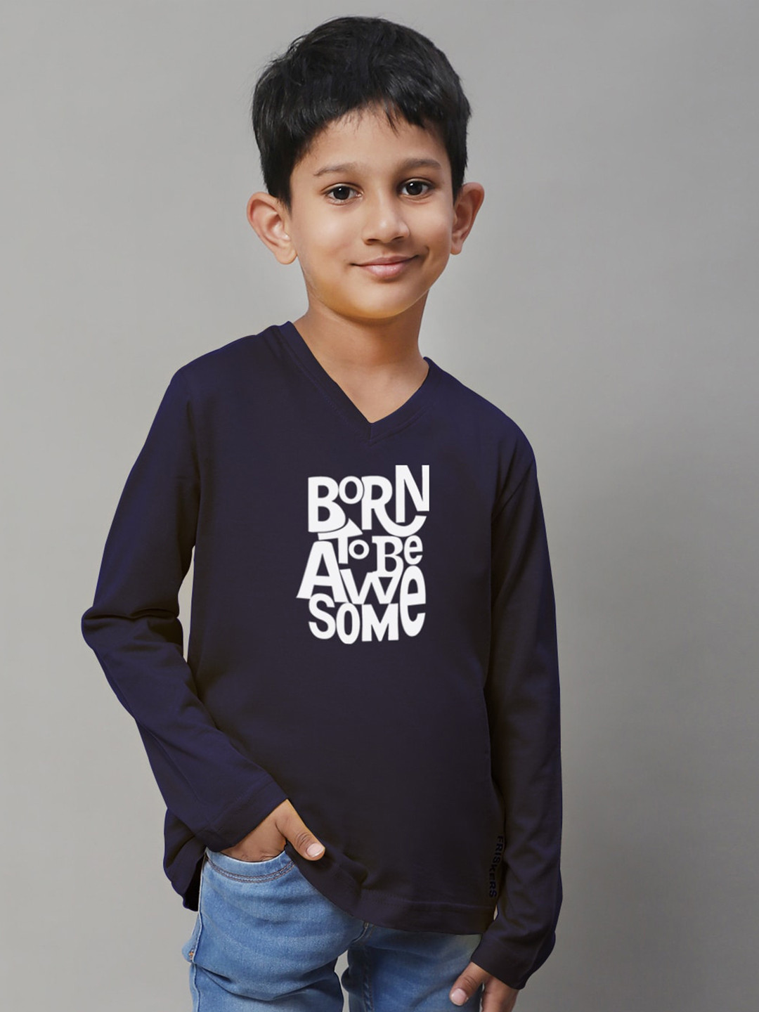 

Friskers Boys Typography Printed V-Neck Pure Cotton T-shirt, Navy blue