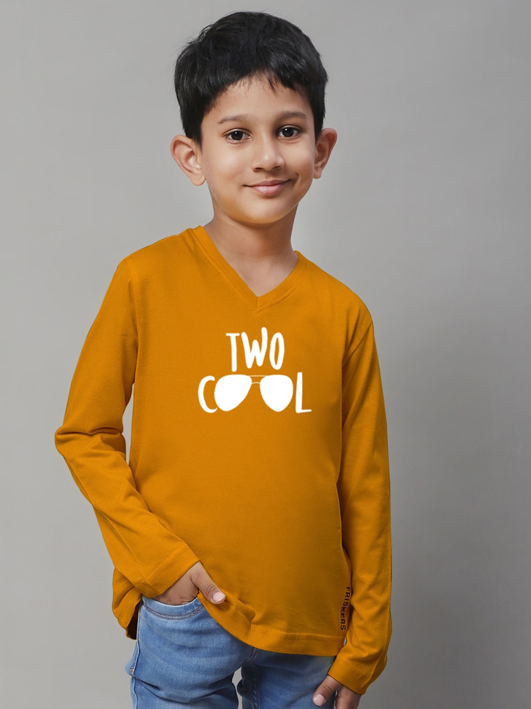 

Friskers Boys Typography Printed Pure Cotton V-Neck T-shirt, Mustard