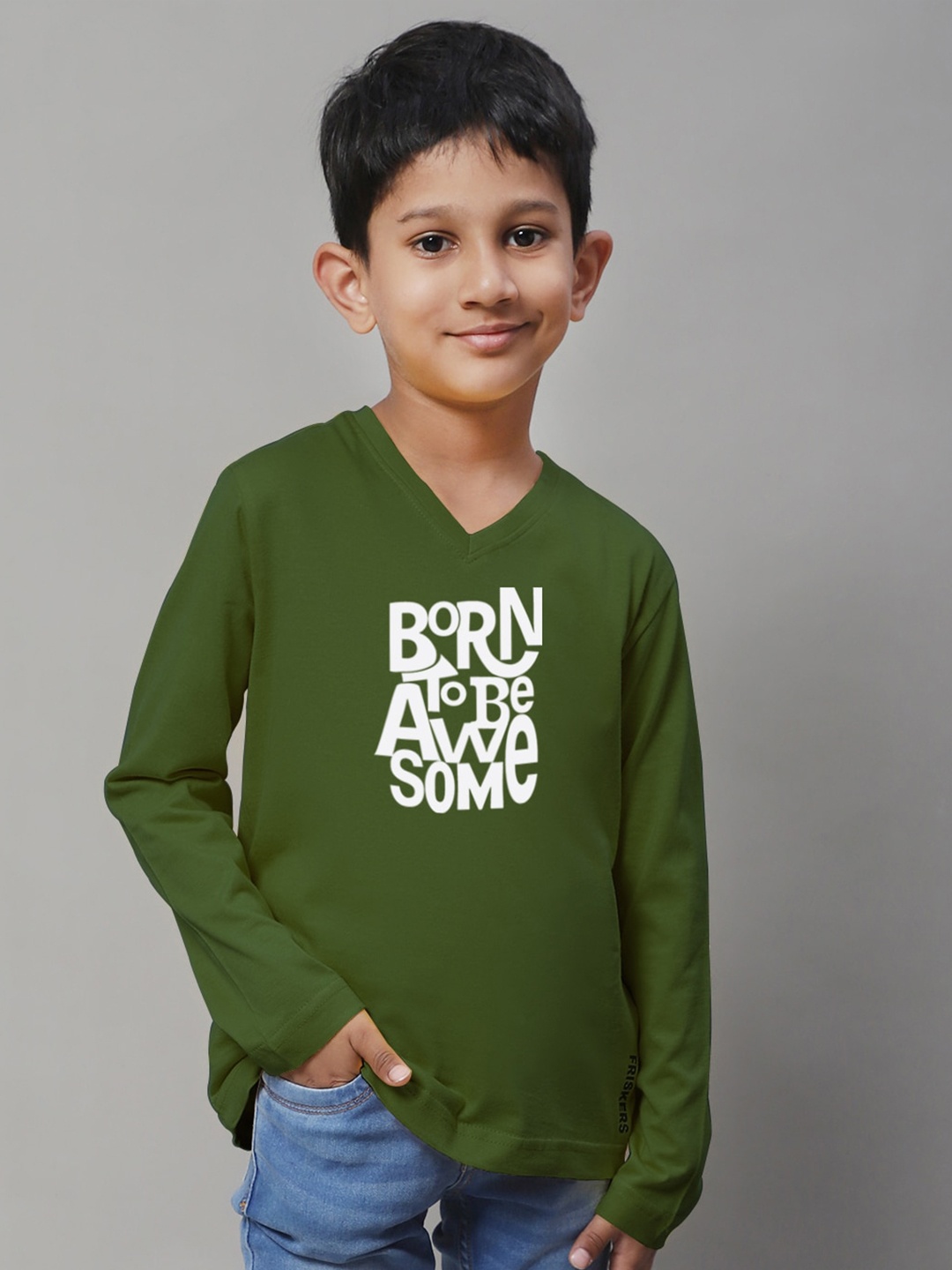 Friskers Boys Typography Printed V-Neck Pure Cotton T-shirt, Olive