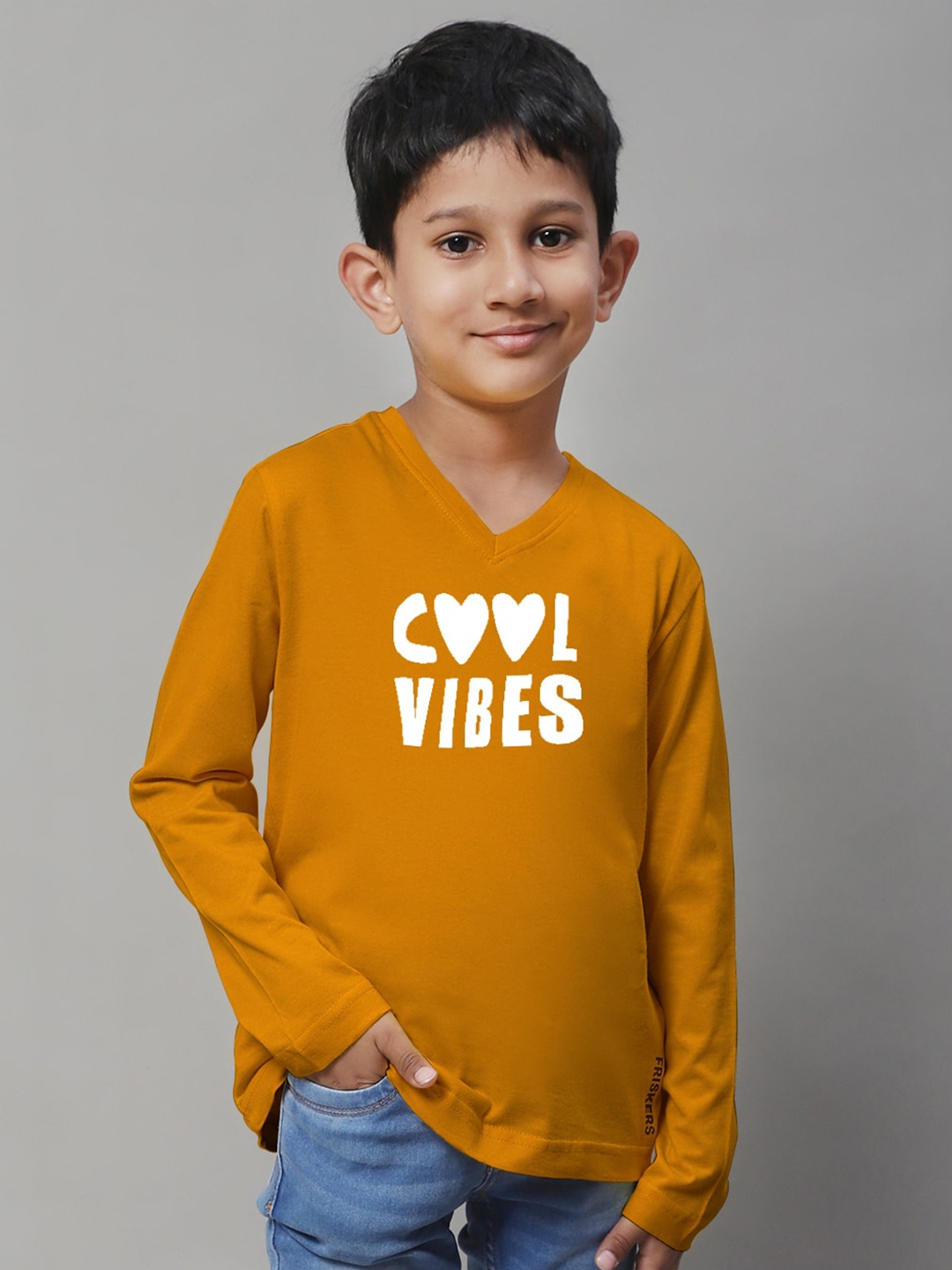 

Friskers Boys Typography Printed V-Neck Bio Wash Pure Cotton Casual T-shirt, Gold