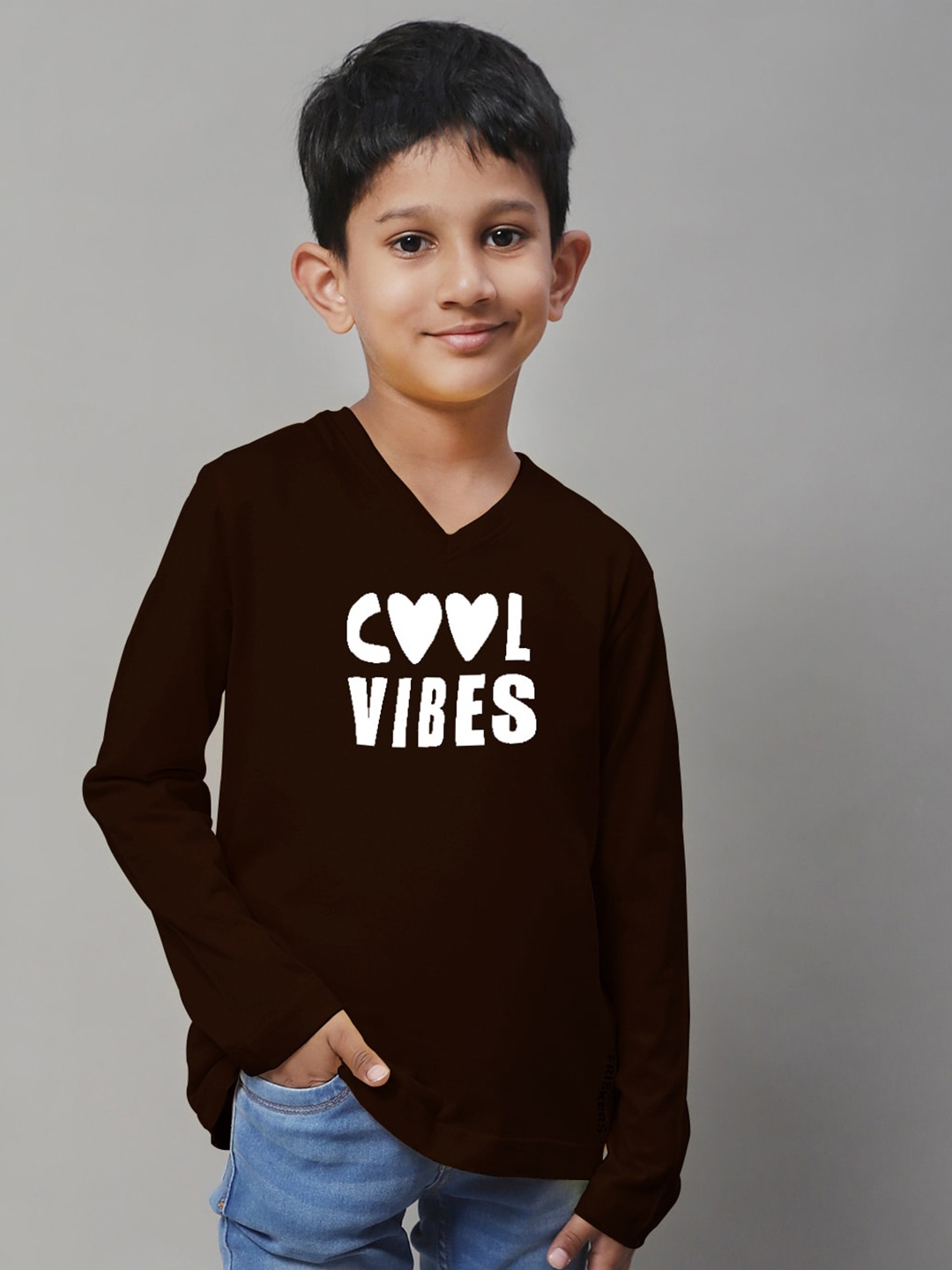 

Friskers Boys Typography Printed V-Neck T-shirt, Brown