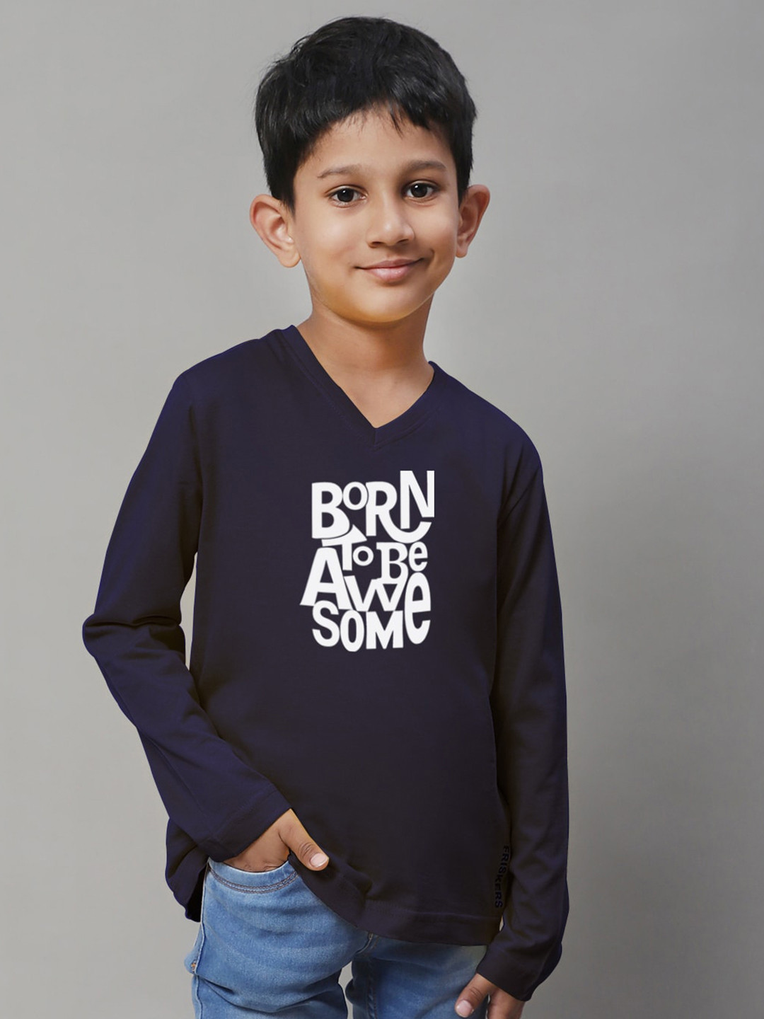 

Friskers Boys Typography Printed Long Sleeves Cotton Lycra T-shirt, Navy blue