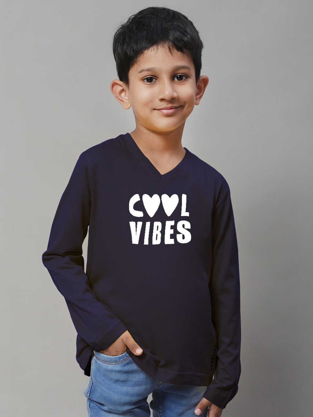 

Friskers Boys Typography Printed V-Neck Bio Wash Casual T-shirt, Navy blue