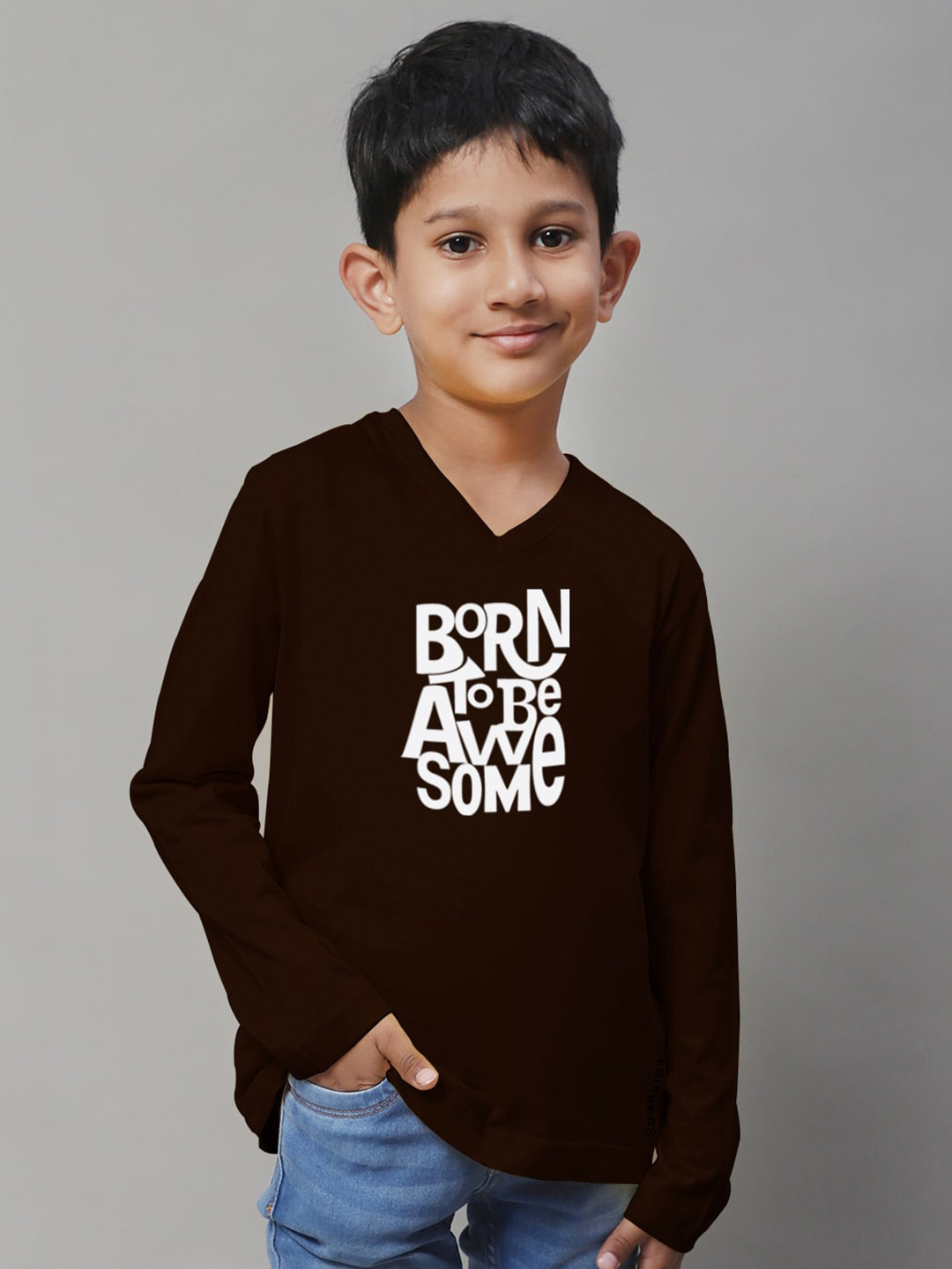 

Friskers Boys Typography Printed V-Neck T-shirt, Brown