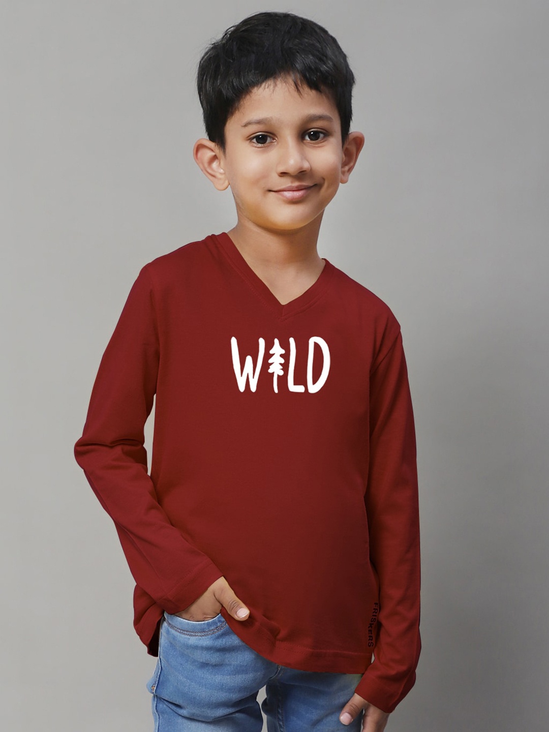 

Friskers Boys Typography Printed V-Neck Cotton T-shirt, Maroon