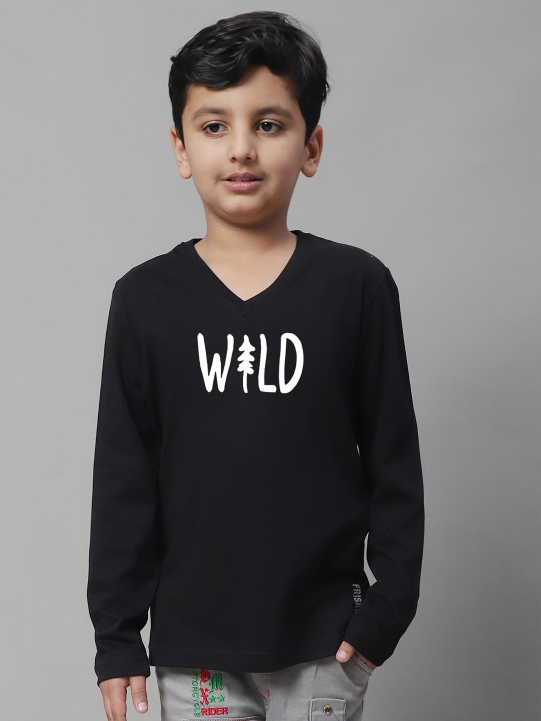 

Friskers Boys Typography Printed V-Neck T-shirt, Black