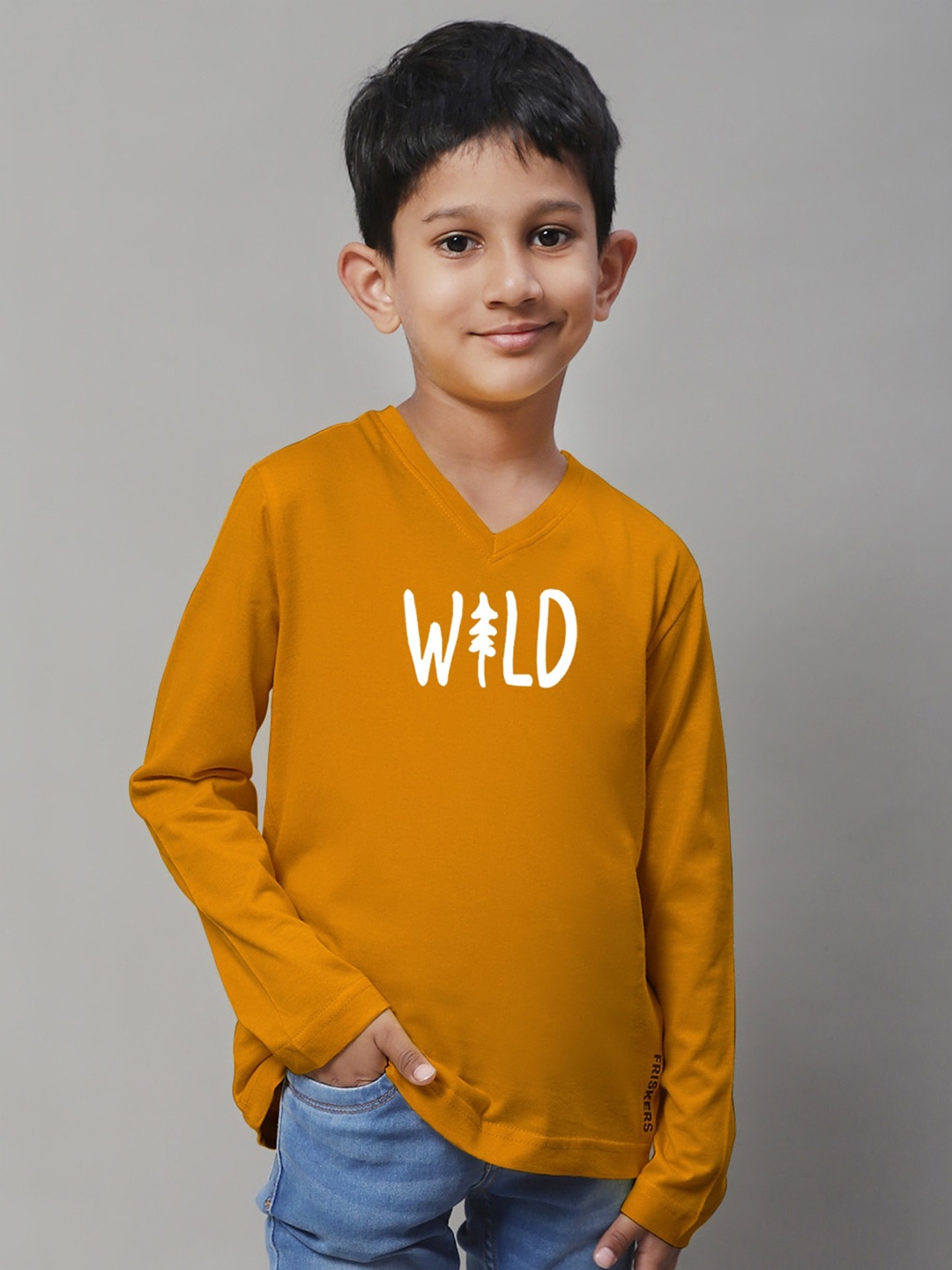 Friskers Boys Typography Printed Cotton V-Neck T-shirt, Mustard