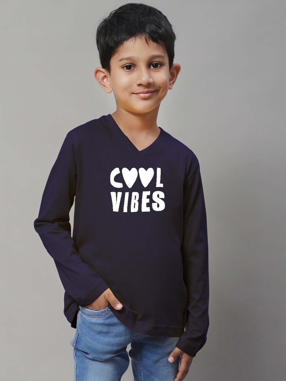 

Friskers Boys Typography Printed V-Neck Pure Cotton T-shirt, Navy blue