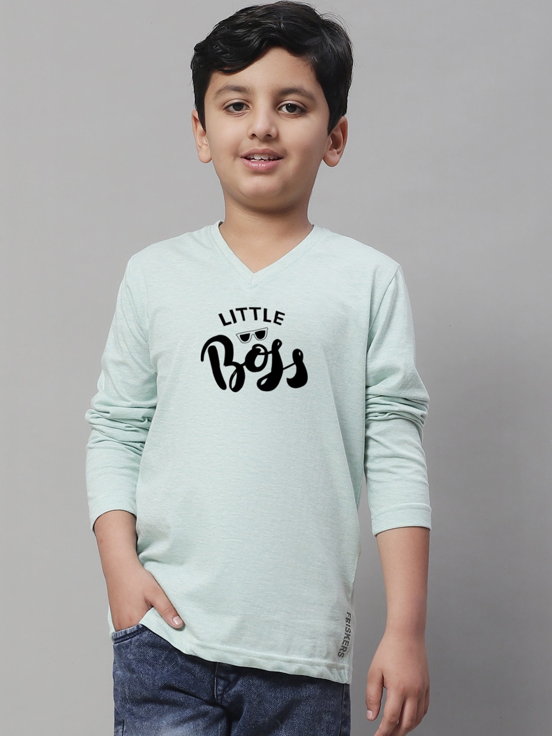 

Friskers Boys Typography Printed V-Neck Pure Cotton T-shirt, Sea green