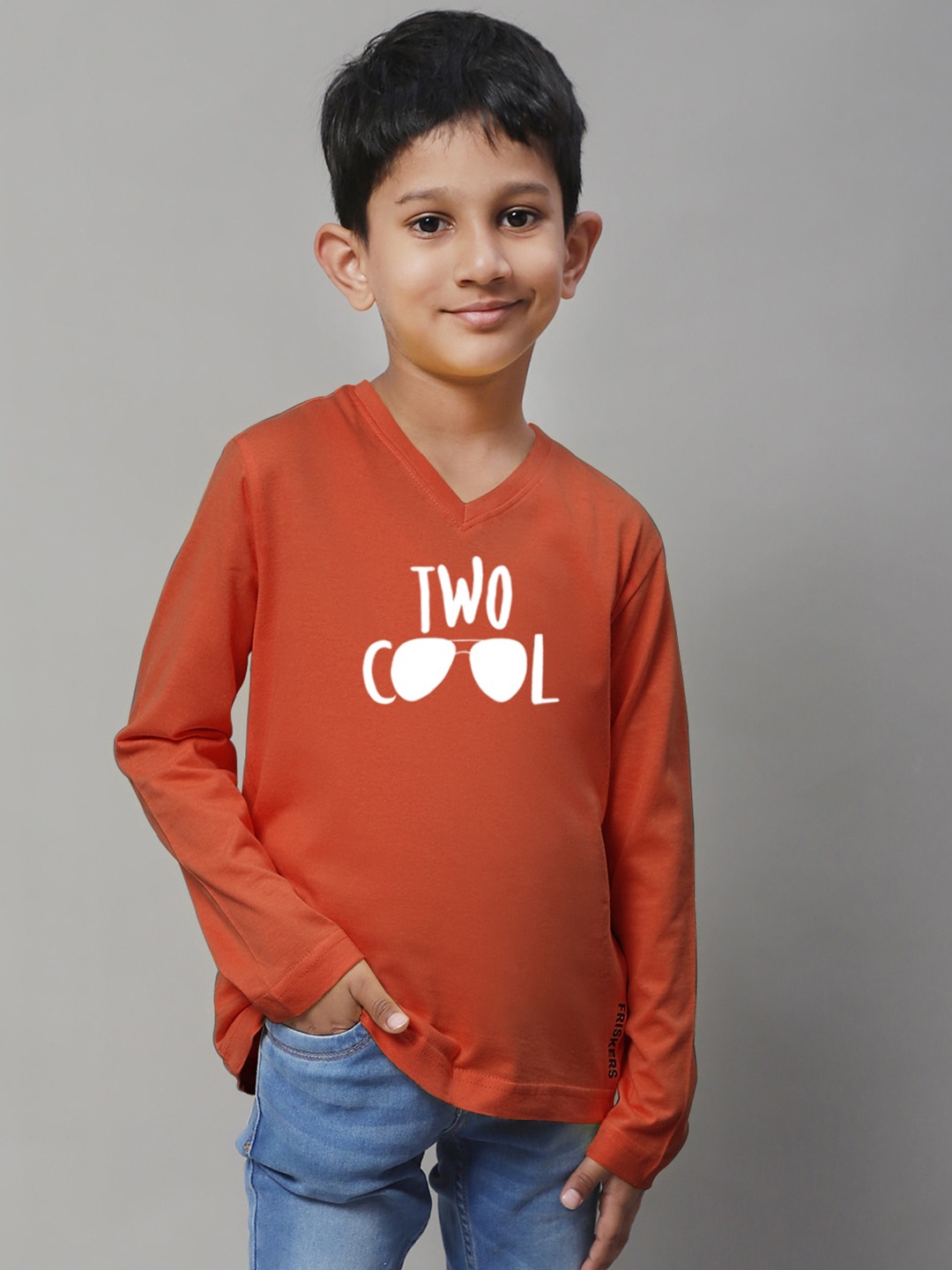 Friskers Boys Orange Typography Printed V-Neck T-shirt