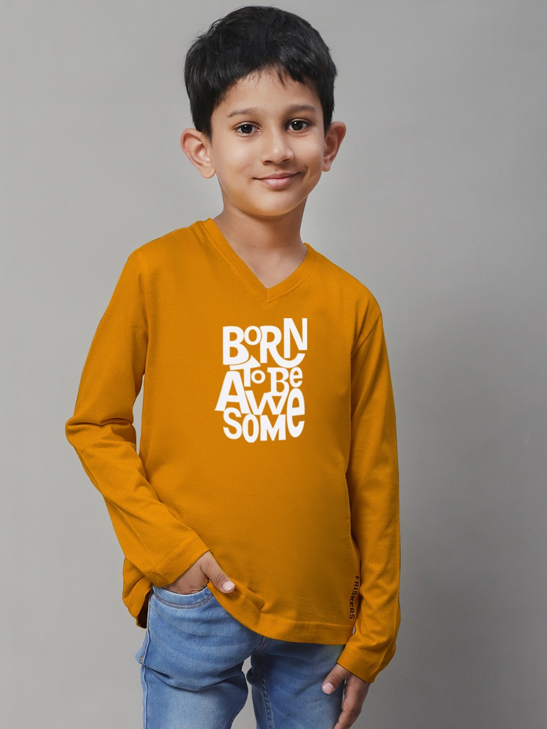 

Friskers Boys Typography Printed Pure Cotton V-Neck T-shirt, Mustard