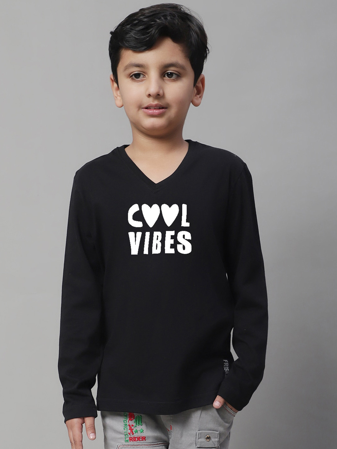 

Friskers Boys Typography Printed V-Neck Pure Cotton T-shirt, Black