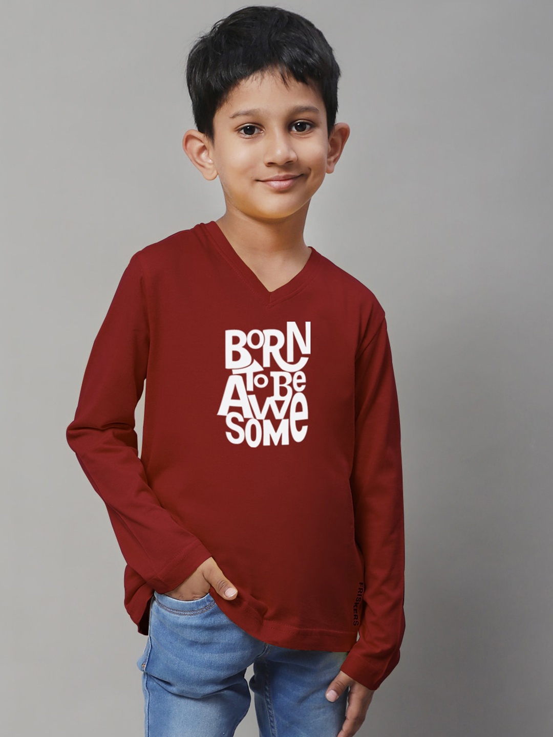

Friskers Boys Typography Printed V-Neck Bio Wash Pure Cotton Casual T-shirt, Maroon