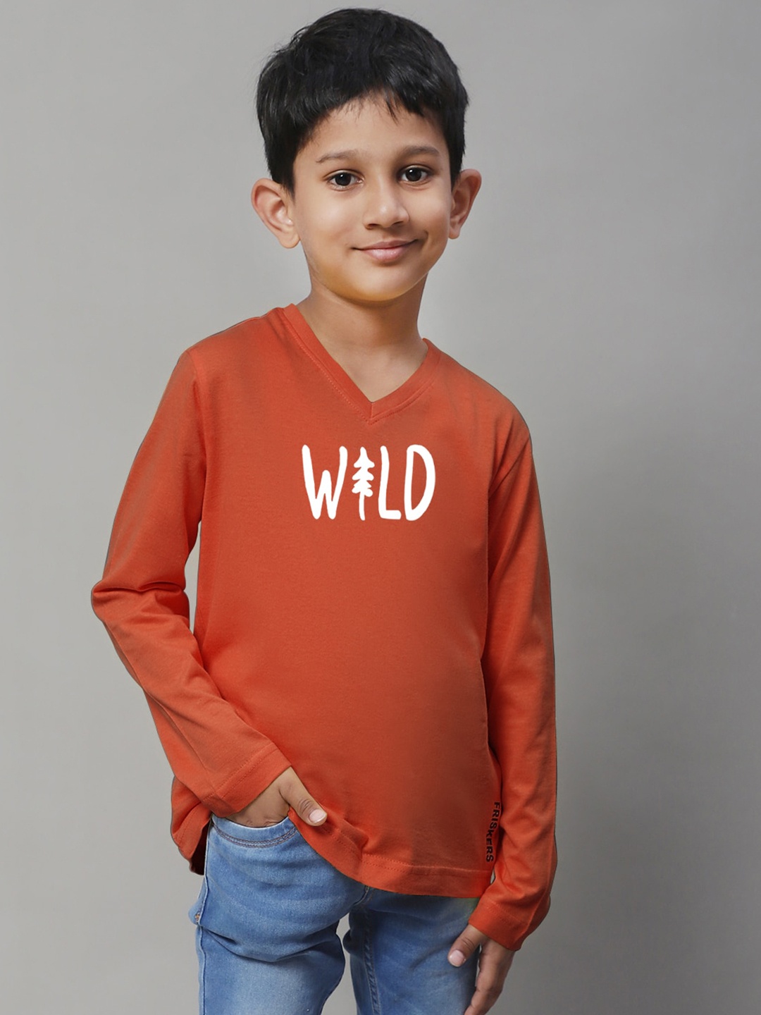 Friskers Boys Typography Printed V-Neck T-shirt, Orange