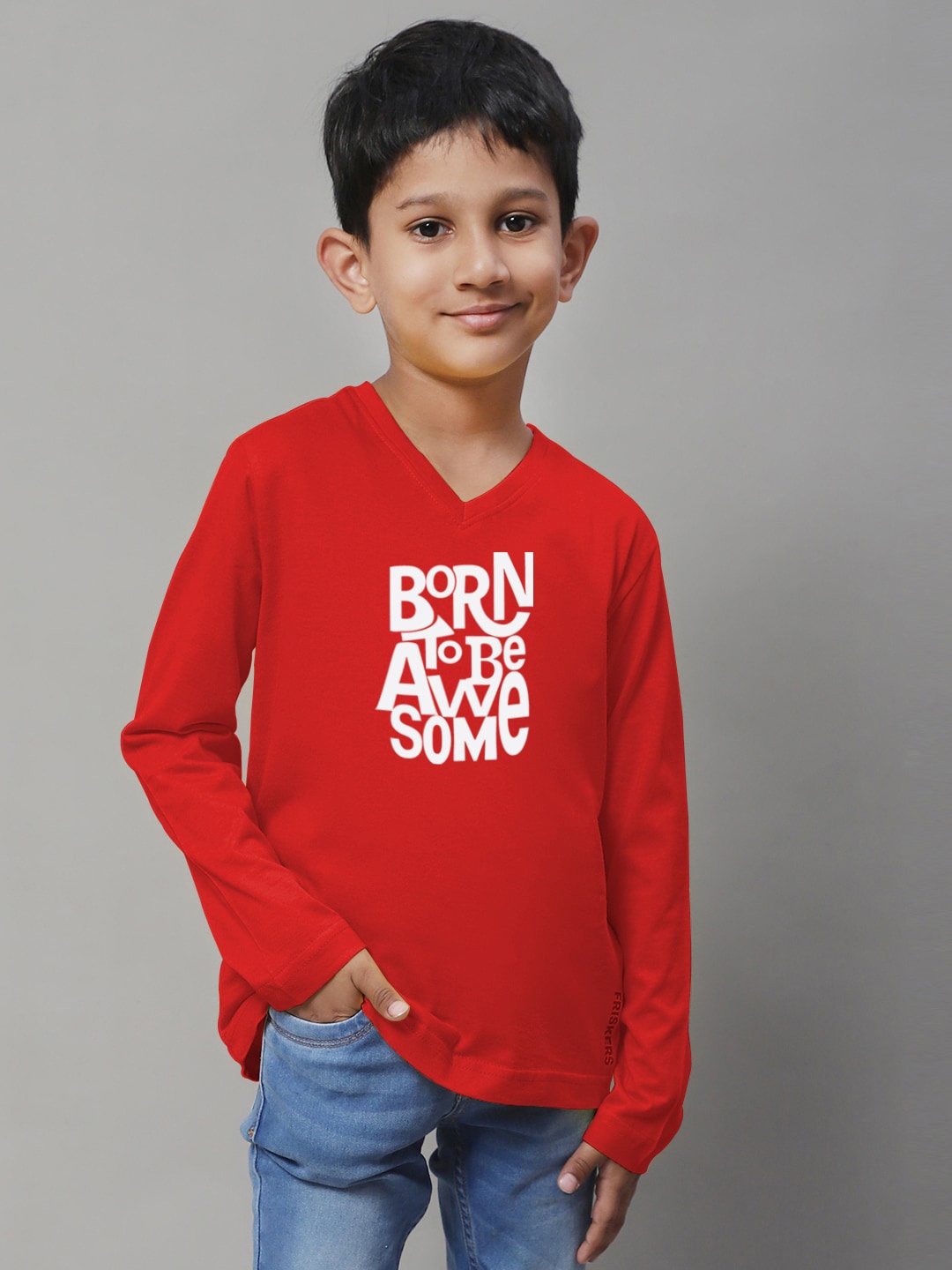 

Friskers Boys Typography Printed V-Neck Bio Wash Pure Cotton Casual T-shirt, Red